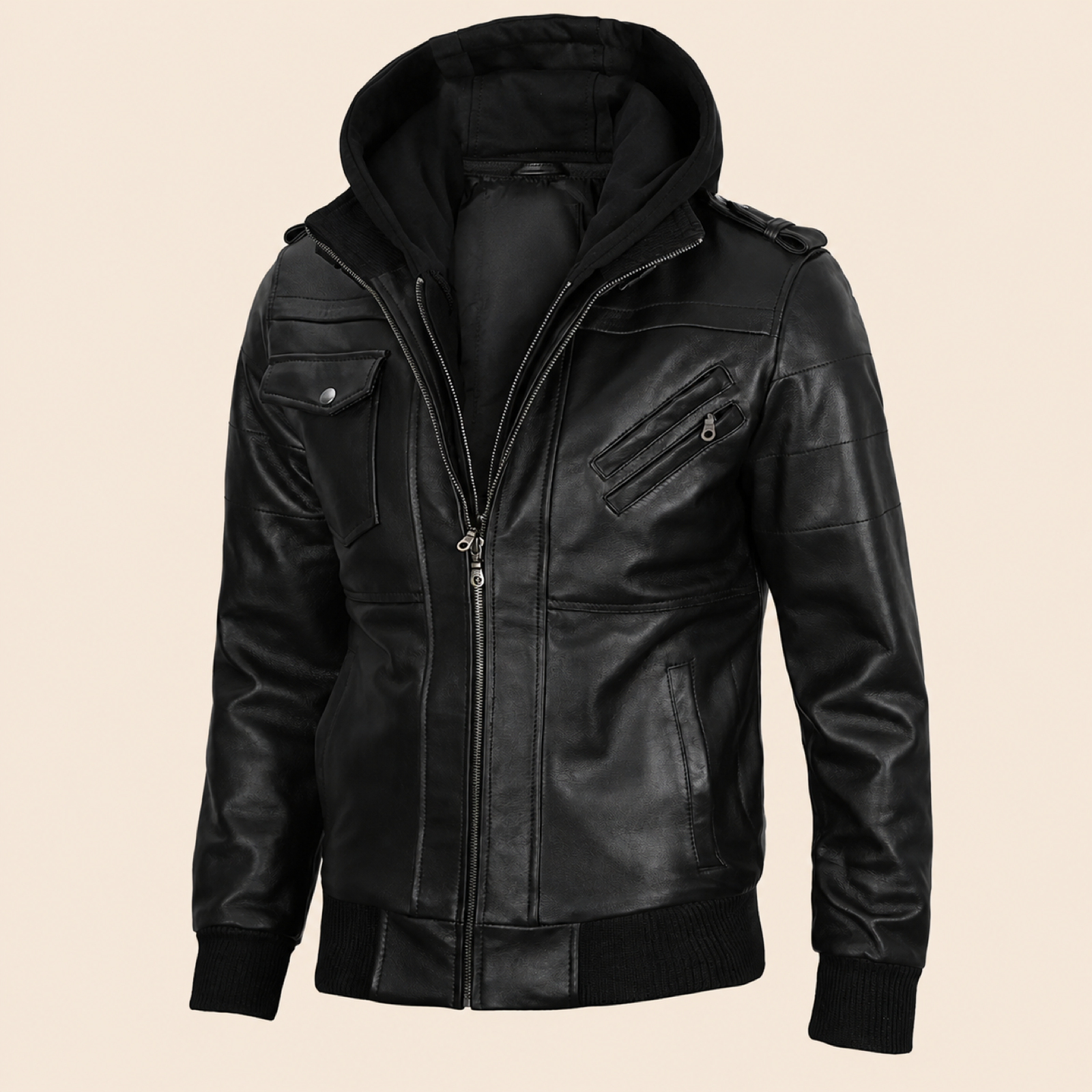 Men's Black Removable-Hood Lambskin Leather Jacket image 7