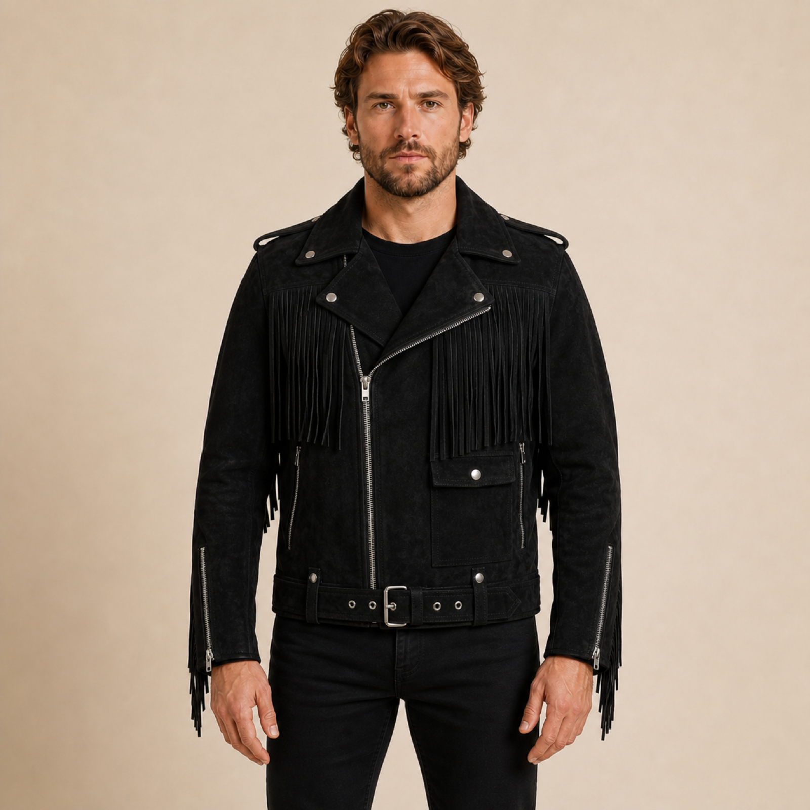 Man wearing a black suede fringe biker jacket from the front.