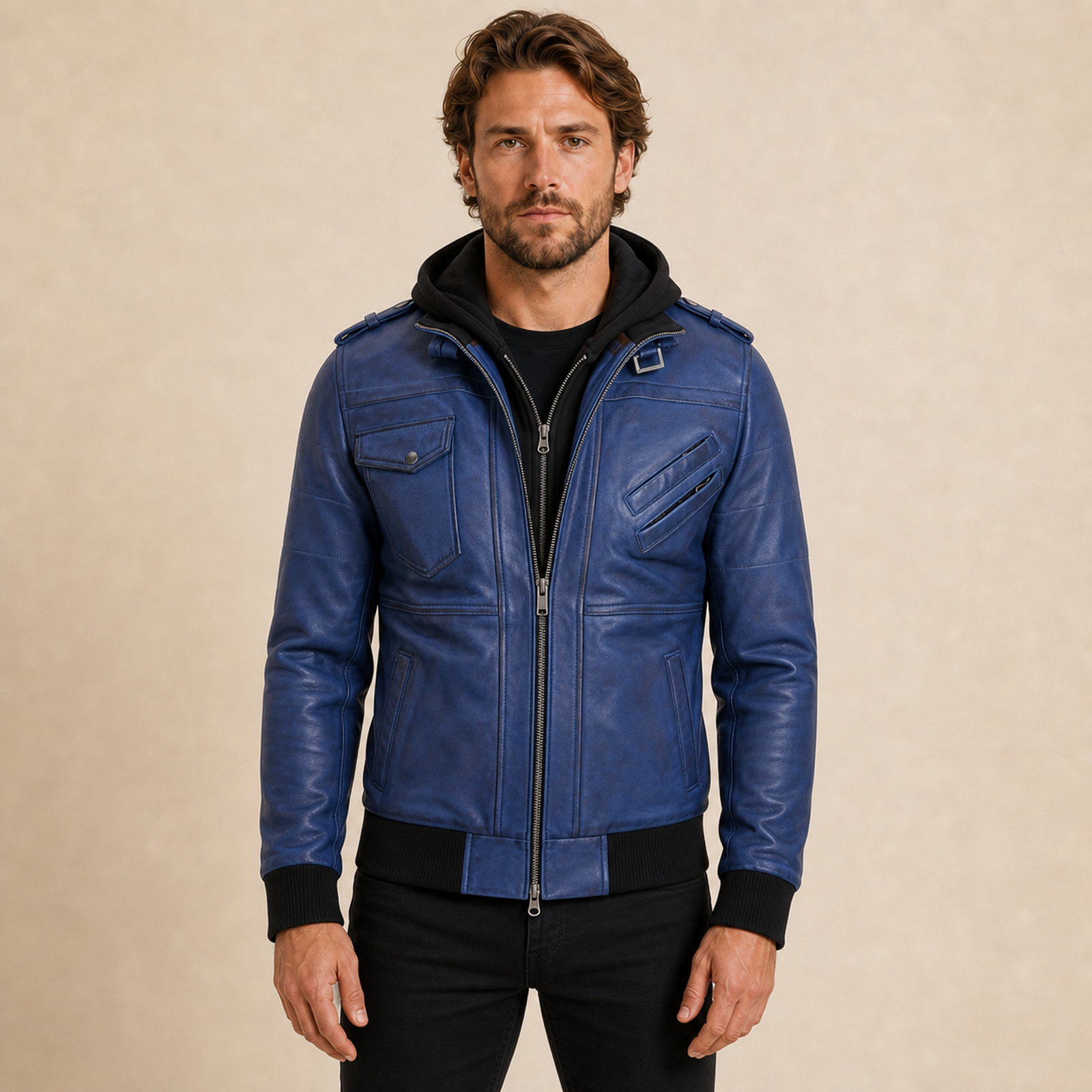 Man wearing a MOTOGRIP GEAR blue removable-hood lambskin leather bomber jacket, front view.