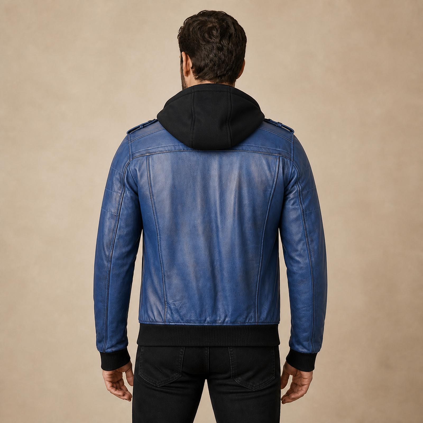 Men's Blue Removable-Hood Lambskin Leather Bomber Jacket image 2