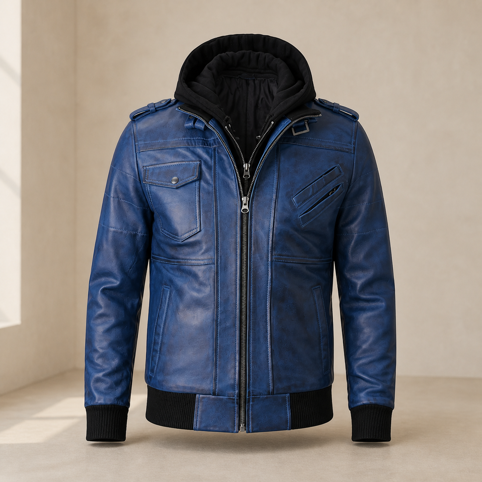 Men's Blue Removable-Hood Lambskin Leather Bomber Jacket image 3
