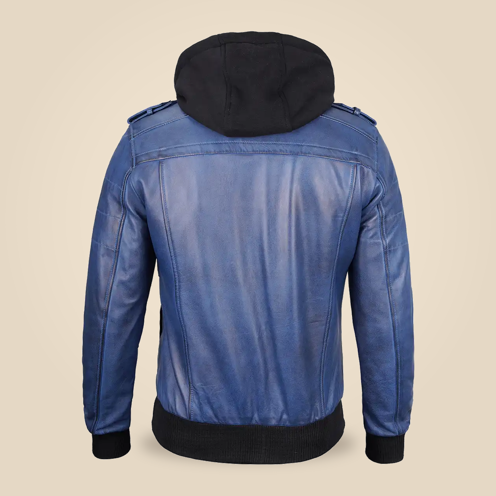 Men's Blue Removable-Hood Lambskin Leather Bomber Jacket image 4