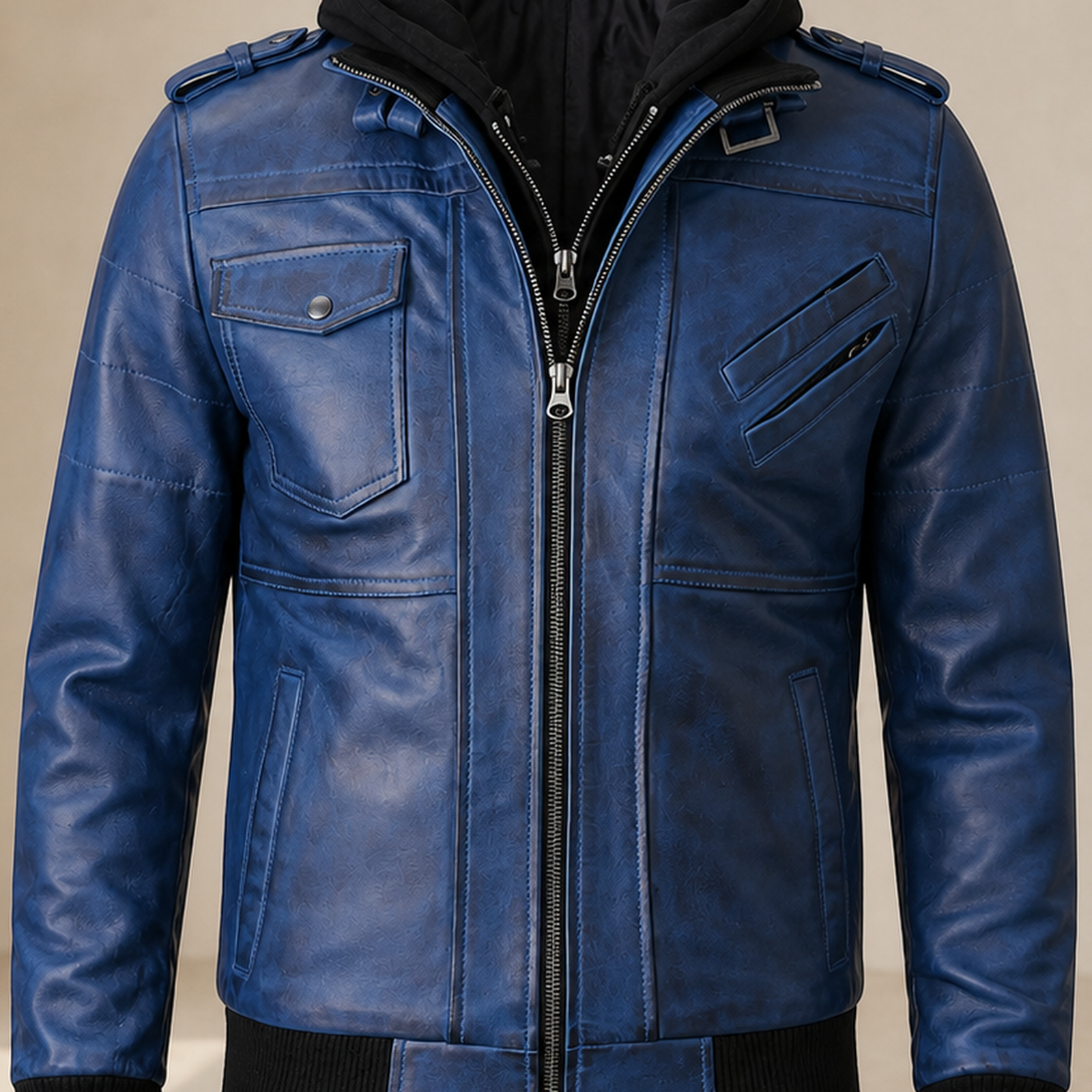 Men's Blue Removable-Hood Lambskin Leather Bomber Jacket image 5