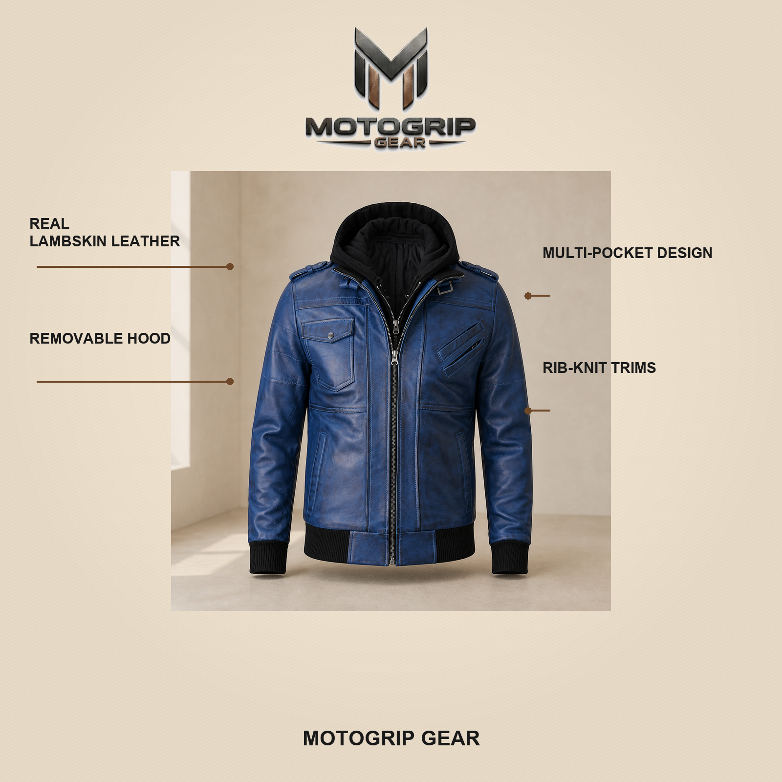 Men's Blue Removable-Hood Lambskin Leather Bomber Jacket image 6
