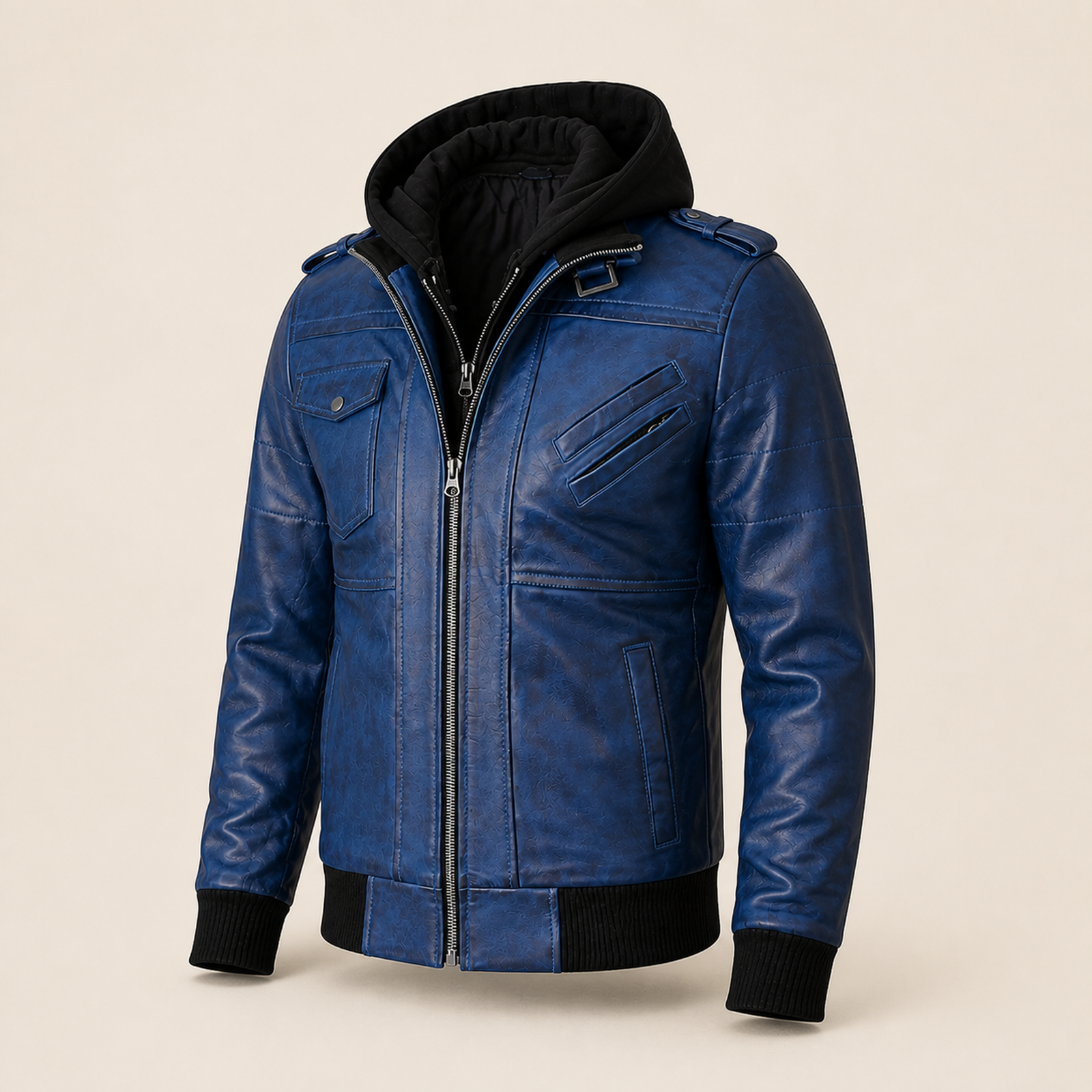 Men's Blue Removable-Hood Lambskin Leather Bomber Jacket image 7