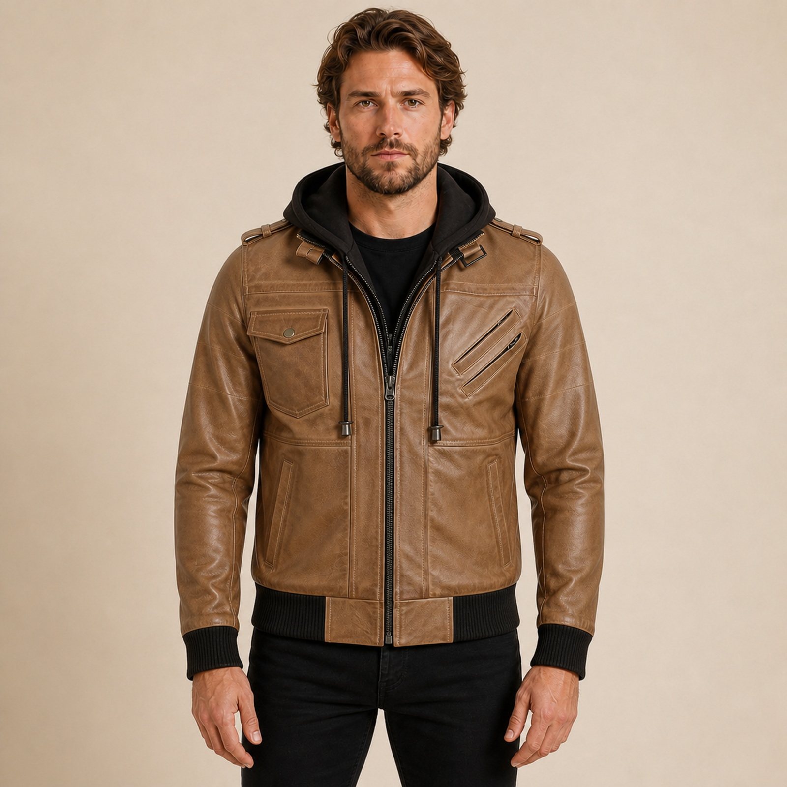 MOTOGRIP GEAR men's camel brown leather jacket with removable hood worn by model, front view on warm beige background.