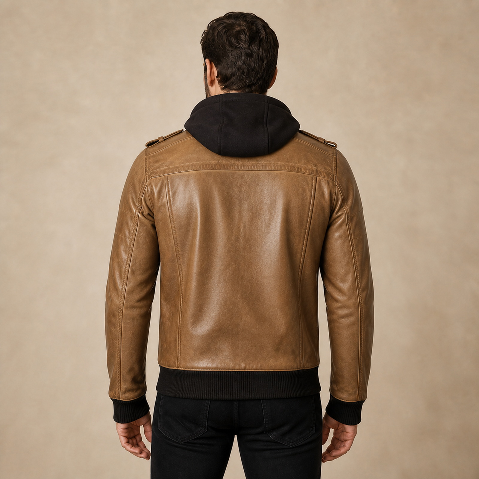 Men's Camel Brown Leather Jacket With Removable Hood image 2