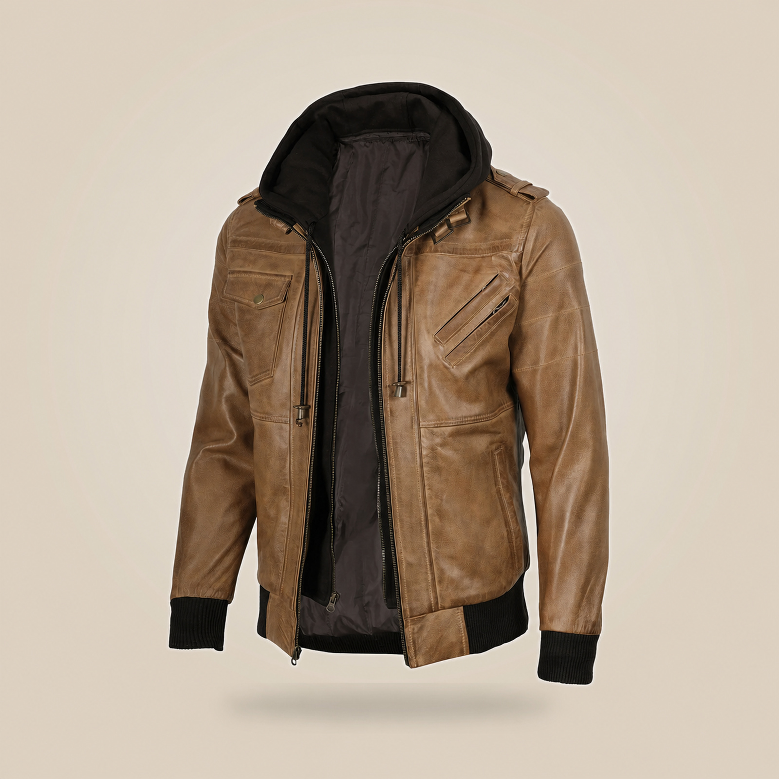 Men's Camel Brown Leather Jacket With Removable Hood image 3