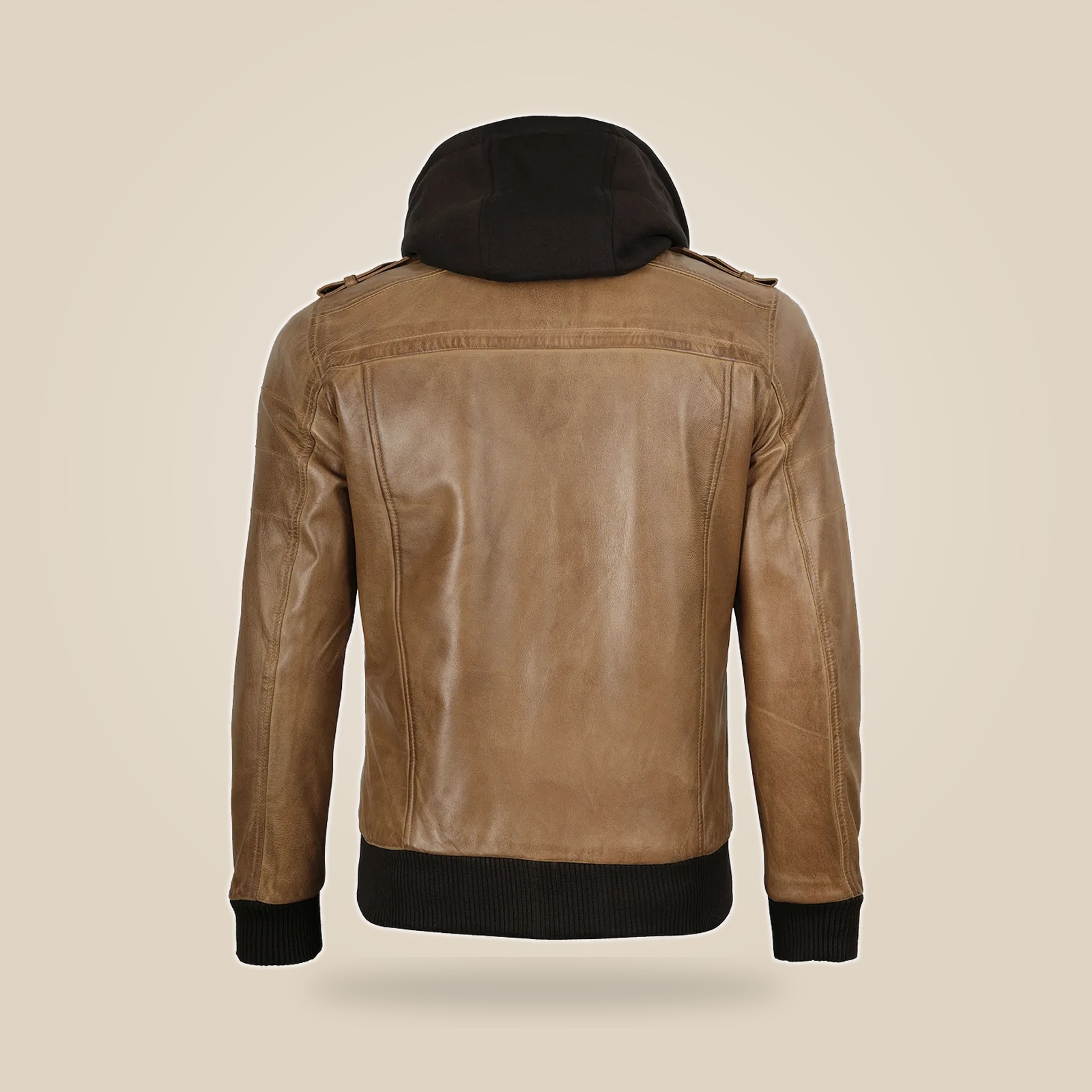 Men's Camel Brown Leather Jacket With Removable Hood image 4