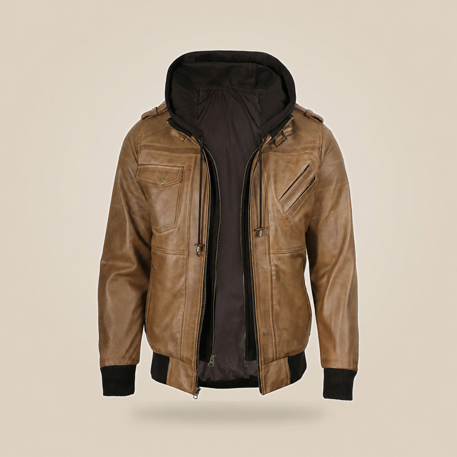Men's Camel Brown Leather Jacket With Removable Hood image 6