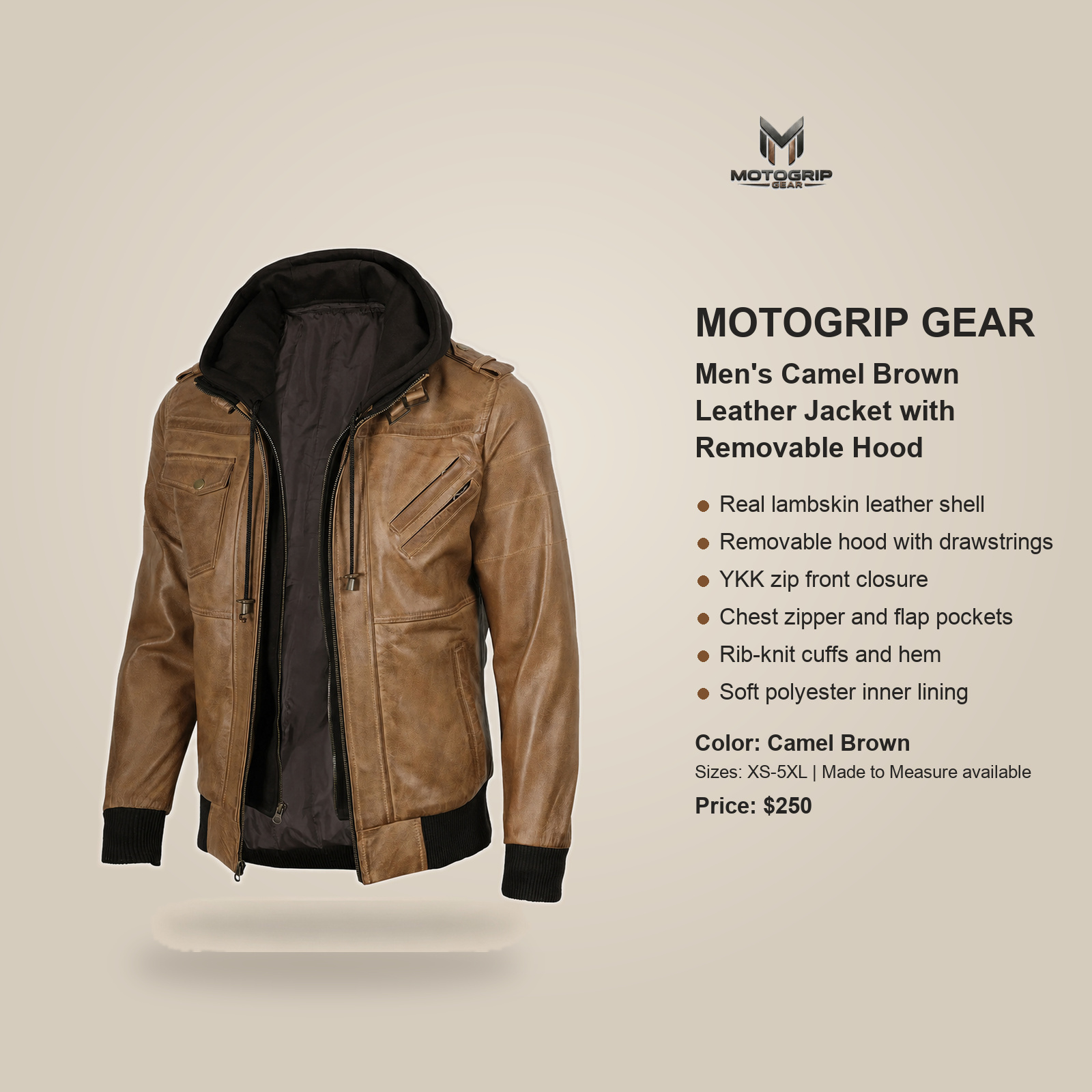 Men's Camel Brown Leather Jacket With Removable Hood image 7