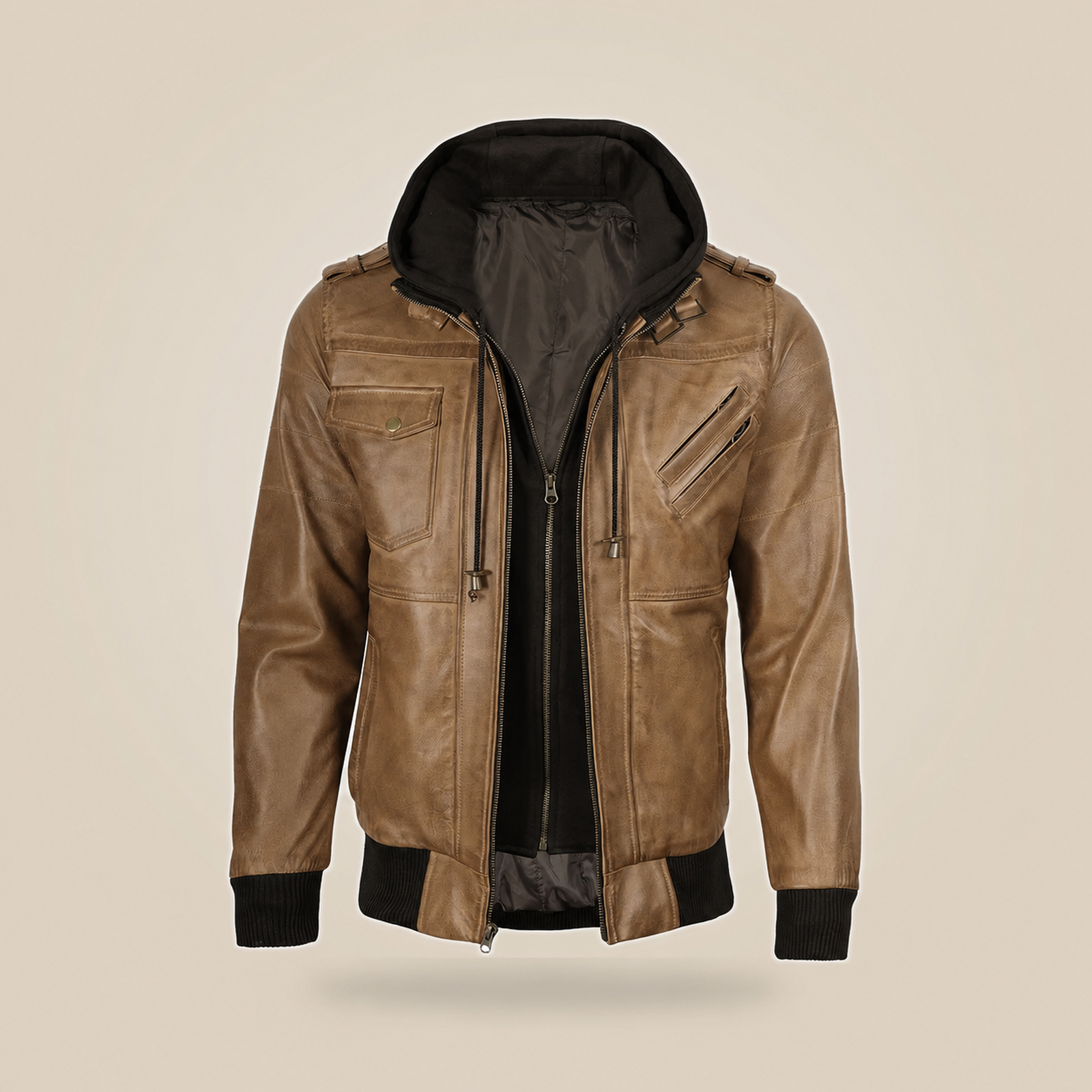 Men's Camel Brown Leather Jacket With Removable Hood image 8