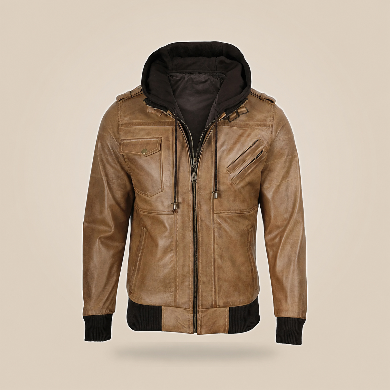 Men's Camel Brown Leather Jacket With Removable Hood image 9