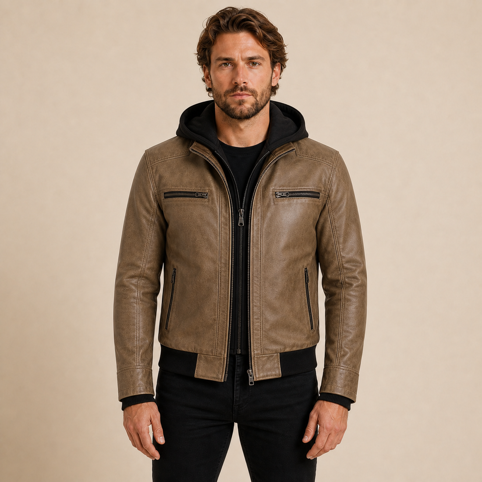 Man wearing a MOTOGRIP GEAR camel wax removable-hood lambskin bomber jacket, front view.
