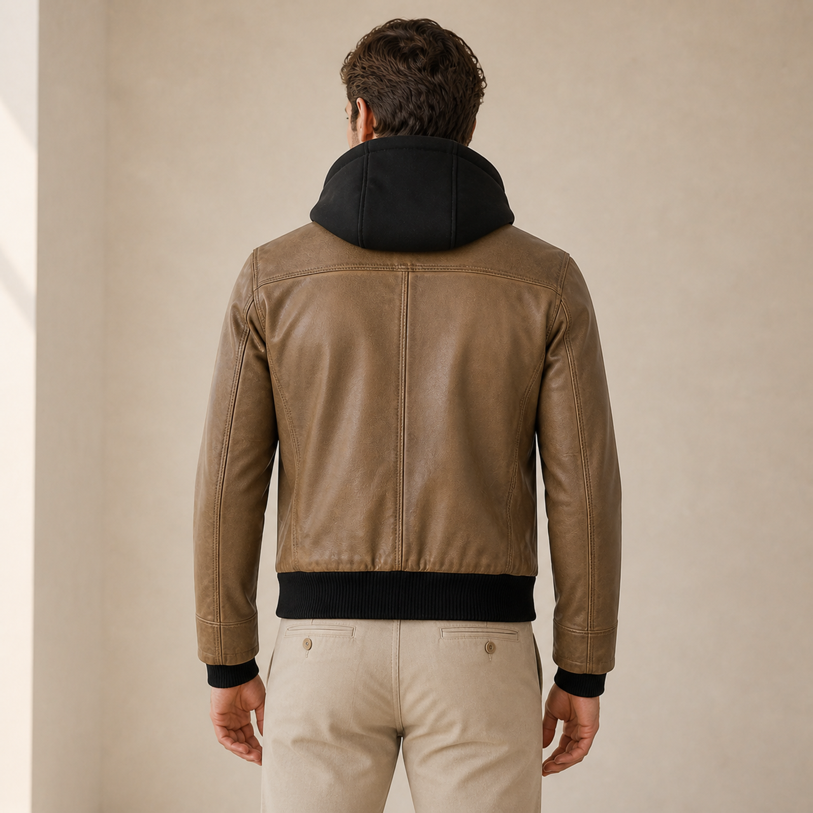 Men's Camel Wax Removable-Hood Lambskin Leather Bomber Jacket image 2