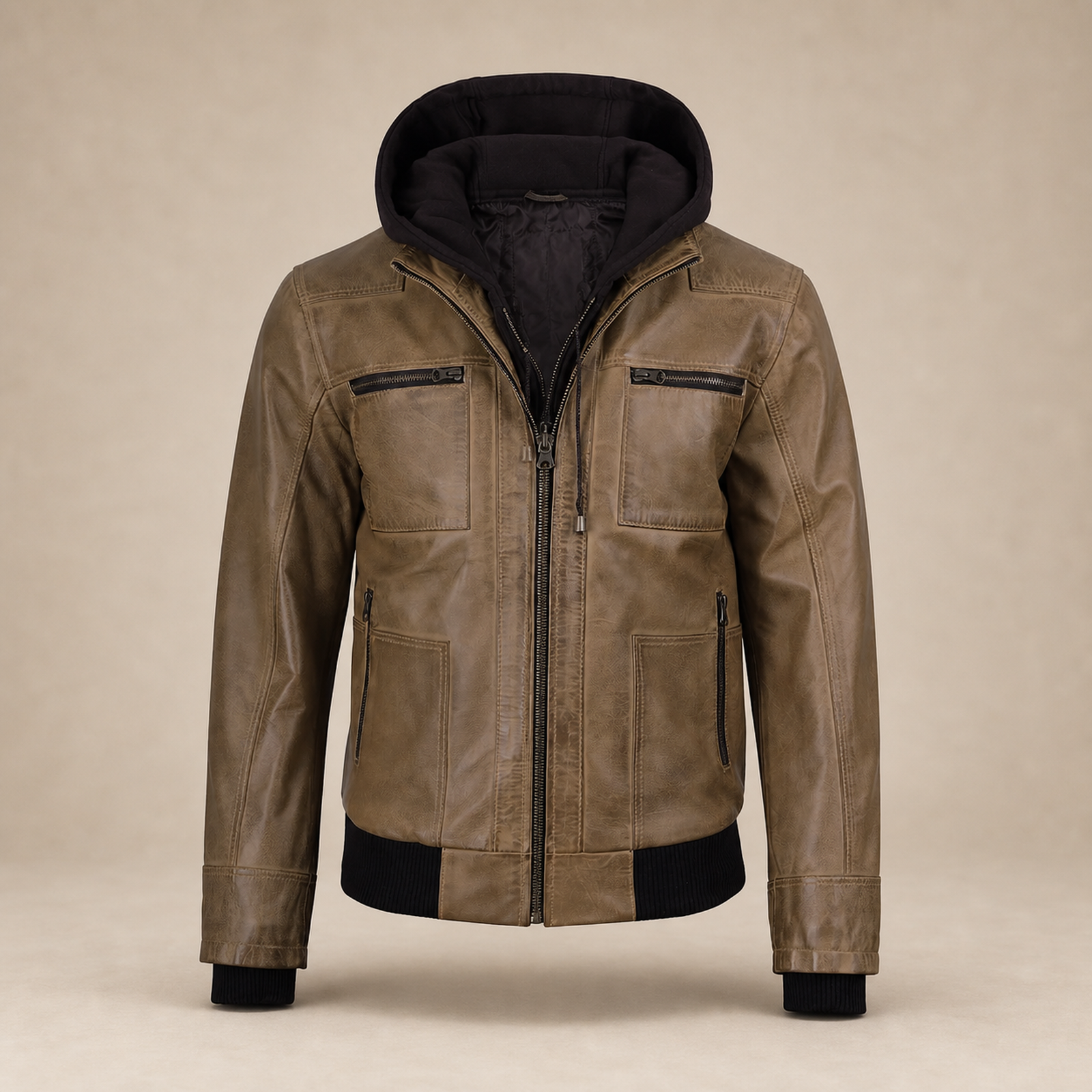 Men's Camel Wax Removable-Hood Lambskin Leather Bomber Jacket image 3