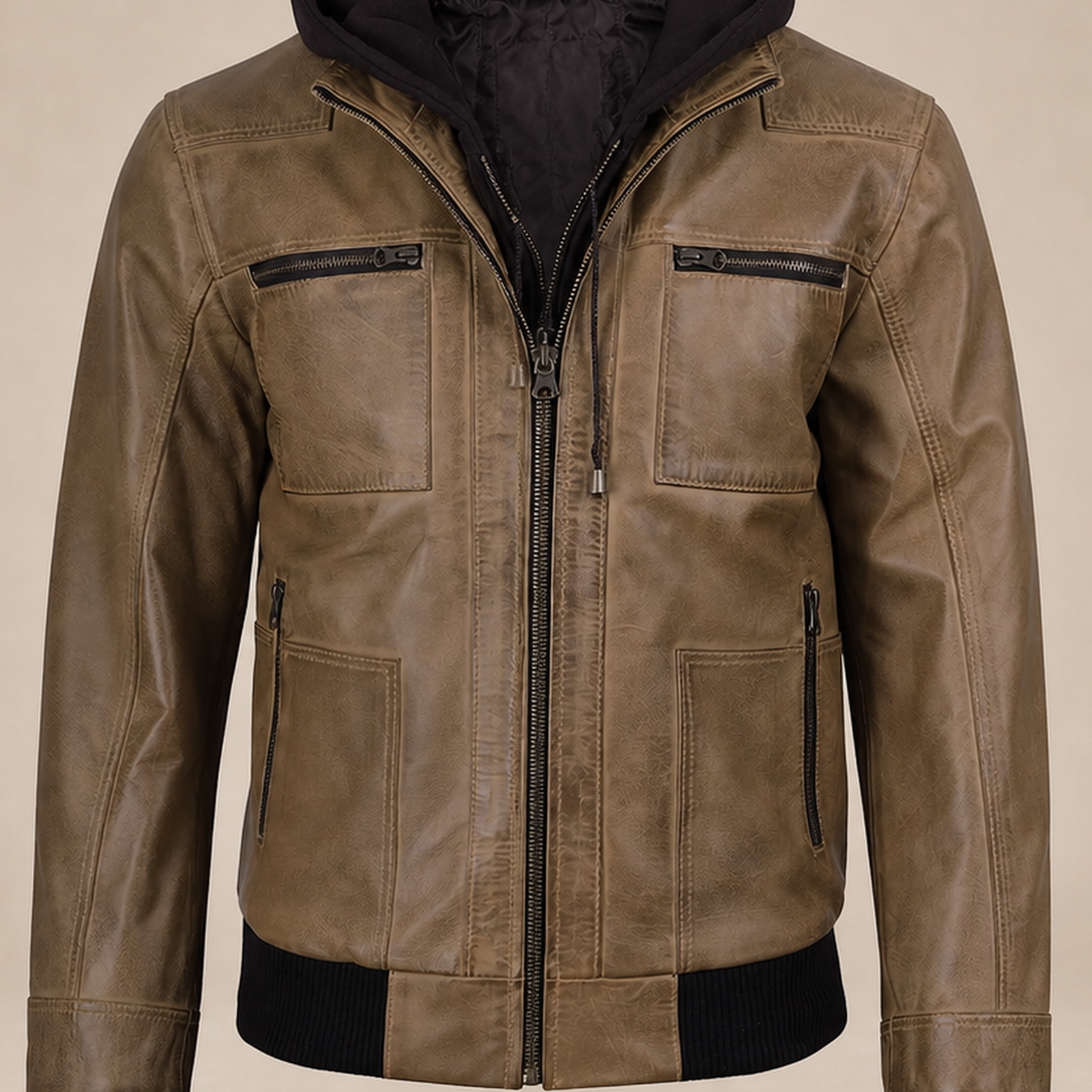 Men's Camel Wax Removable-Hood Lambskin Leather Bomber Jacket image 5