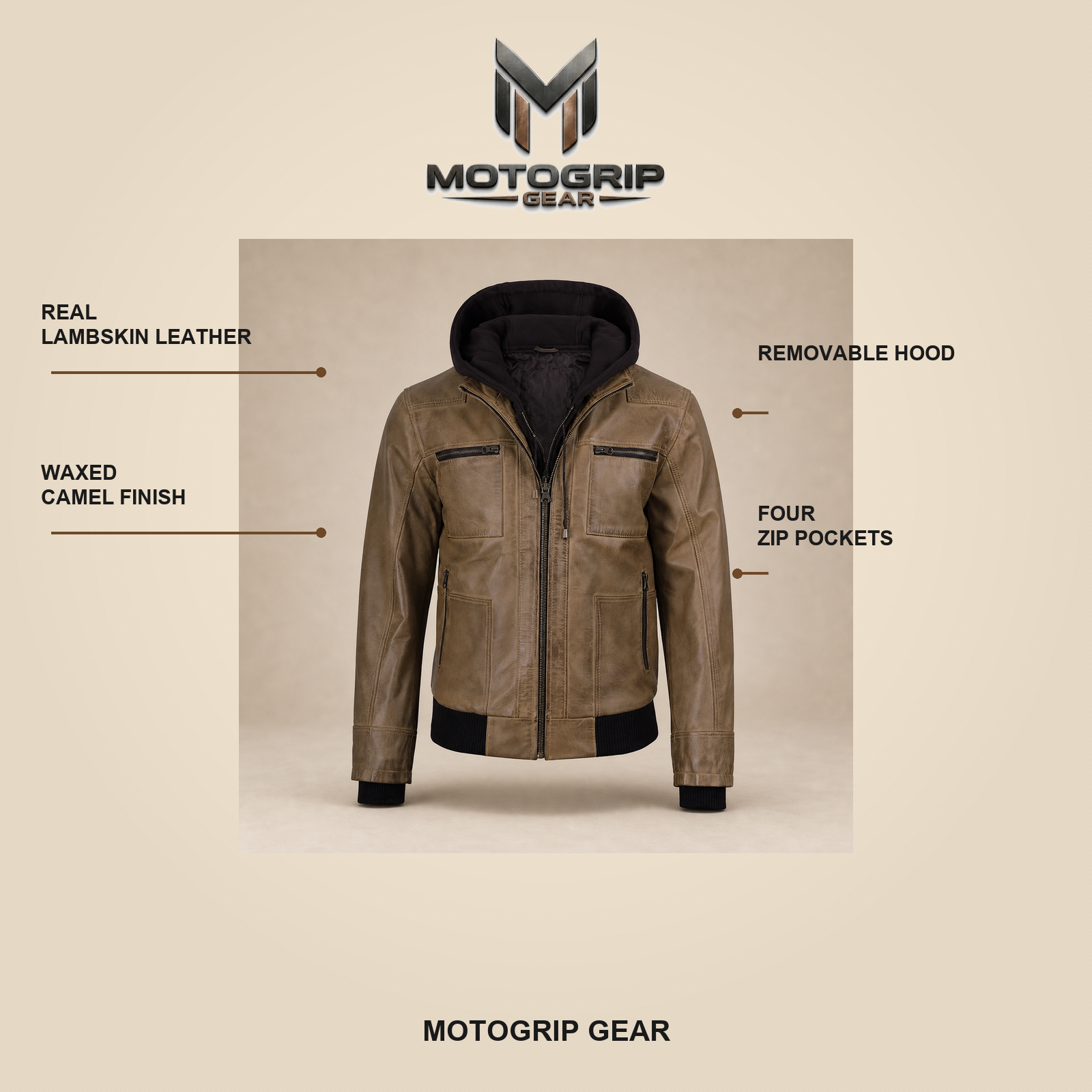 Men's Camel Wax Removable-Hood Lambskin Leather Bomber Jacket image 6