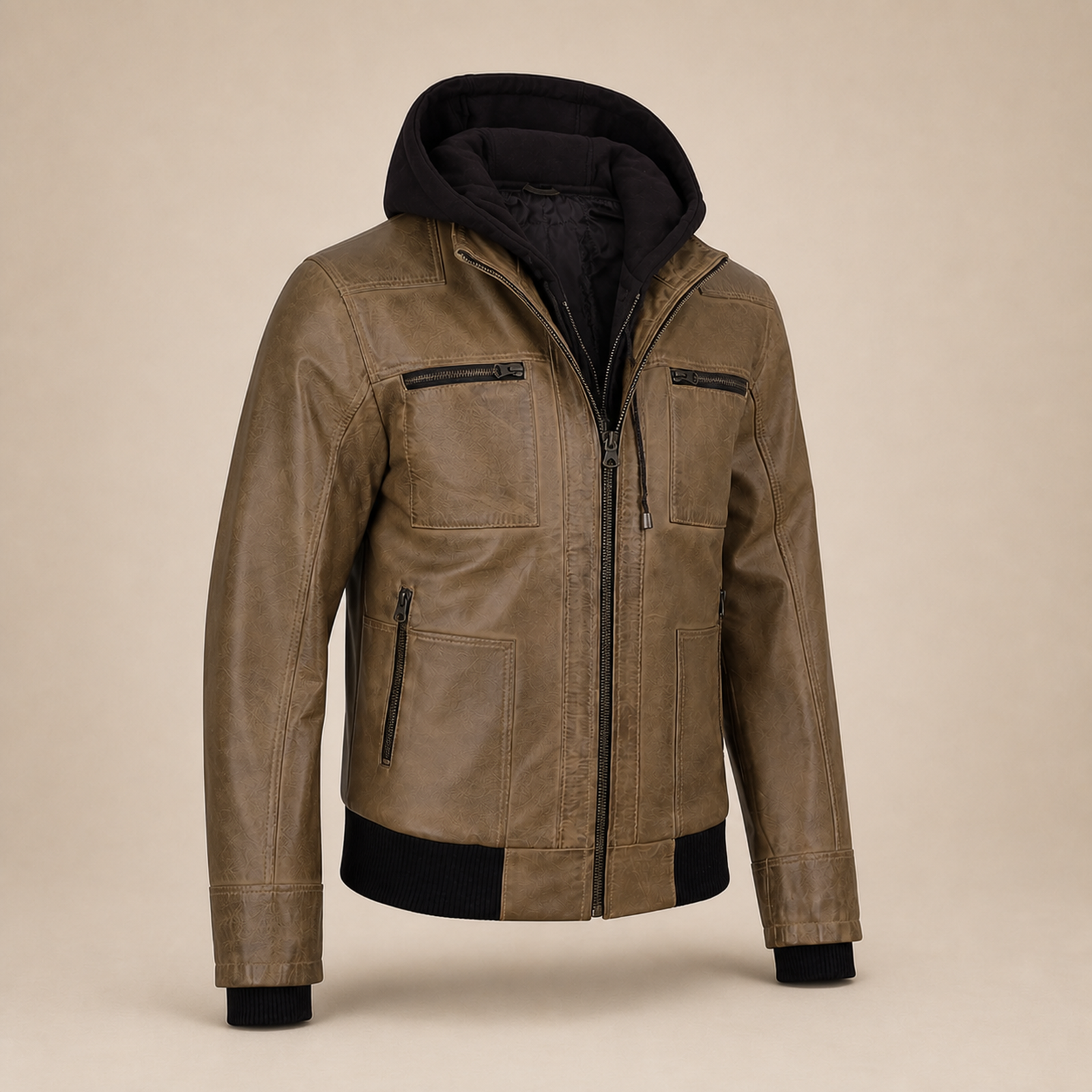 Men's Camel Wax Removable-Hood Lambskin Leather Bomber Jacket image 7