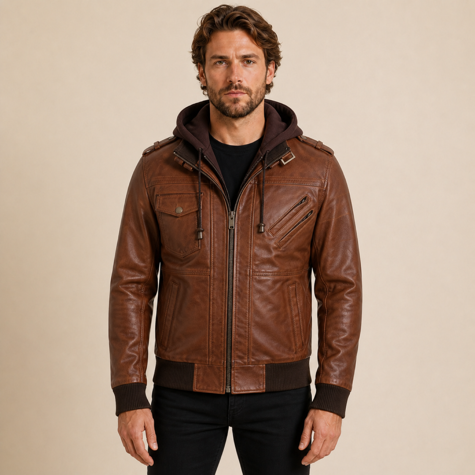 Man wearing a MOTOGRIP GEAR cognac brown lambskin bomber jacket with a removable hood.