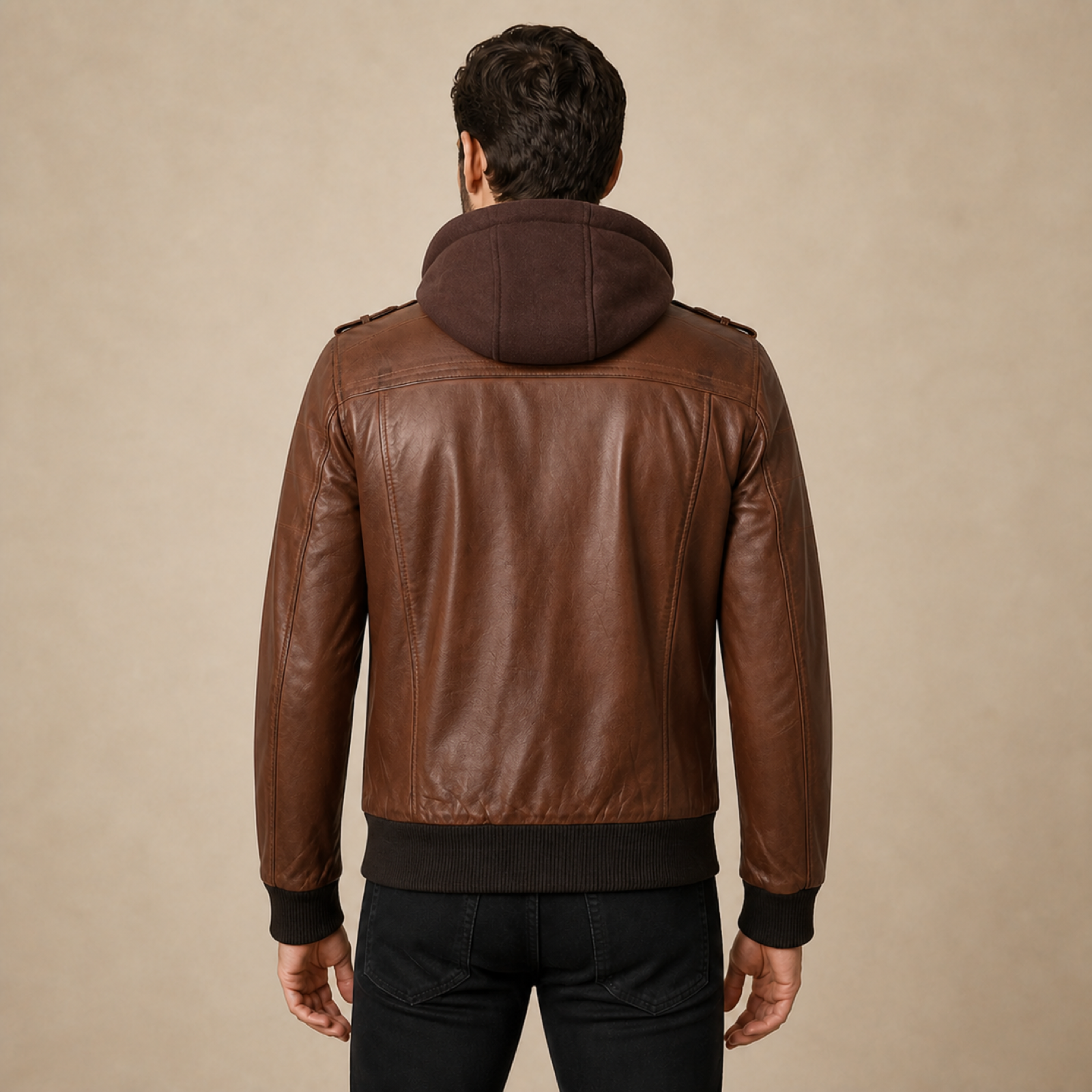 Men's Cognac Brown Removable-Hood Lambskin Leather Bomber Jacket image 2