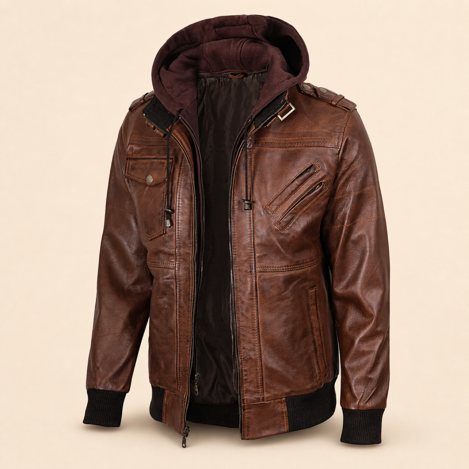 Men's Cognac Brown Removable-Hood Lambskin Leather Bomber Jacket image 3