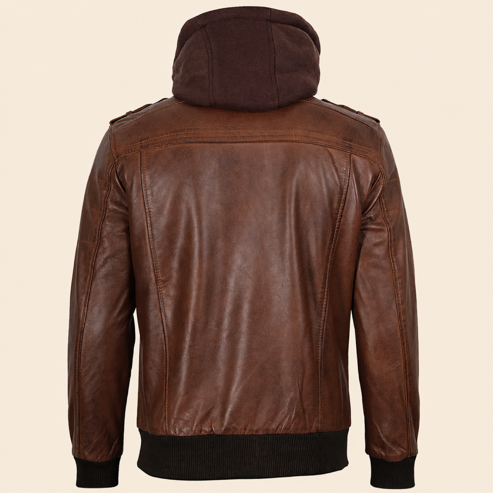 Men's Cognac Brown Removable-Hood Lambskin Leather Bomber Jacket image 4