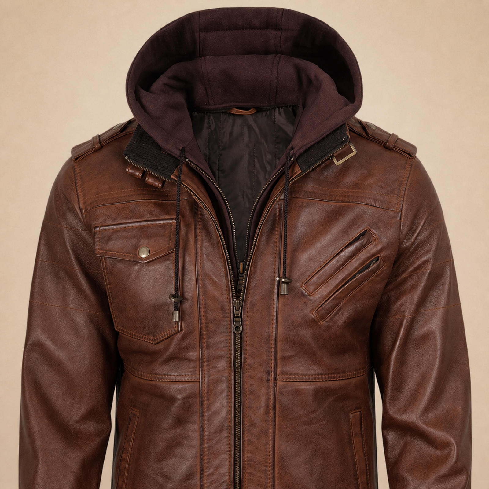 Men's Cognac Brown Removable-Hood Lambskin Leather Bomber Jacket image 5