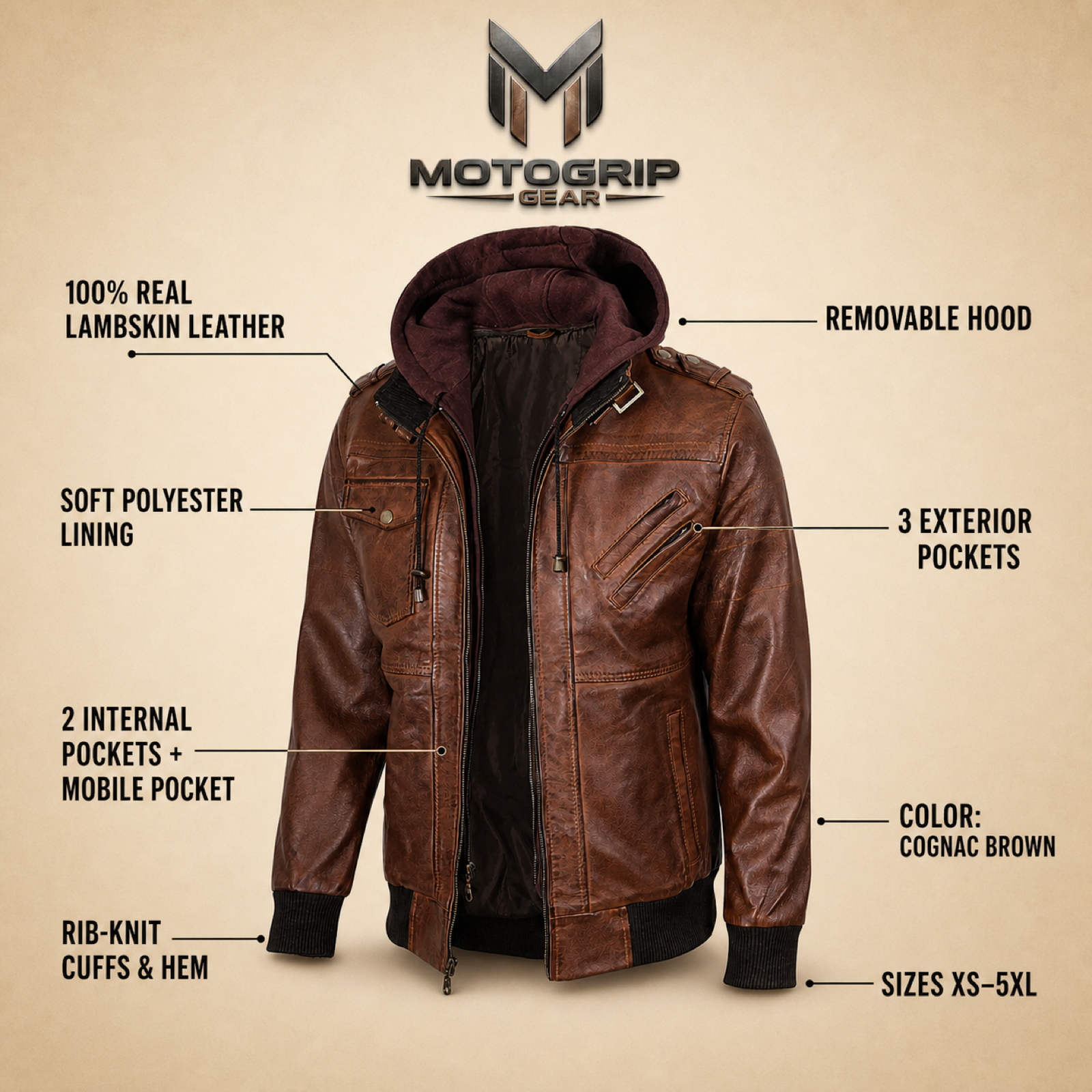 Men's Cognac Brown Removable-Hood Lambskin Leather Bomber Jacket image 6