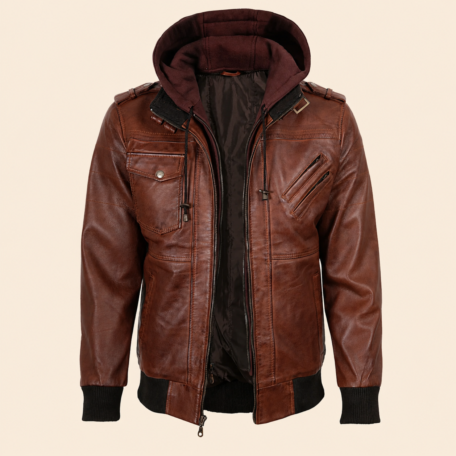 Men's Cognac Brown Removable-Hood Lambskin Leather Bomber Jacket image 7