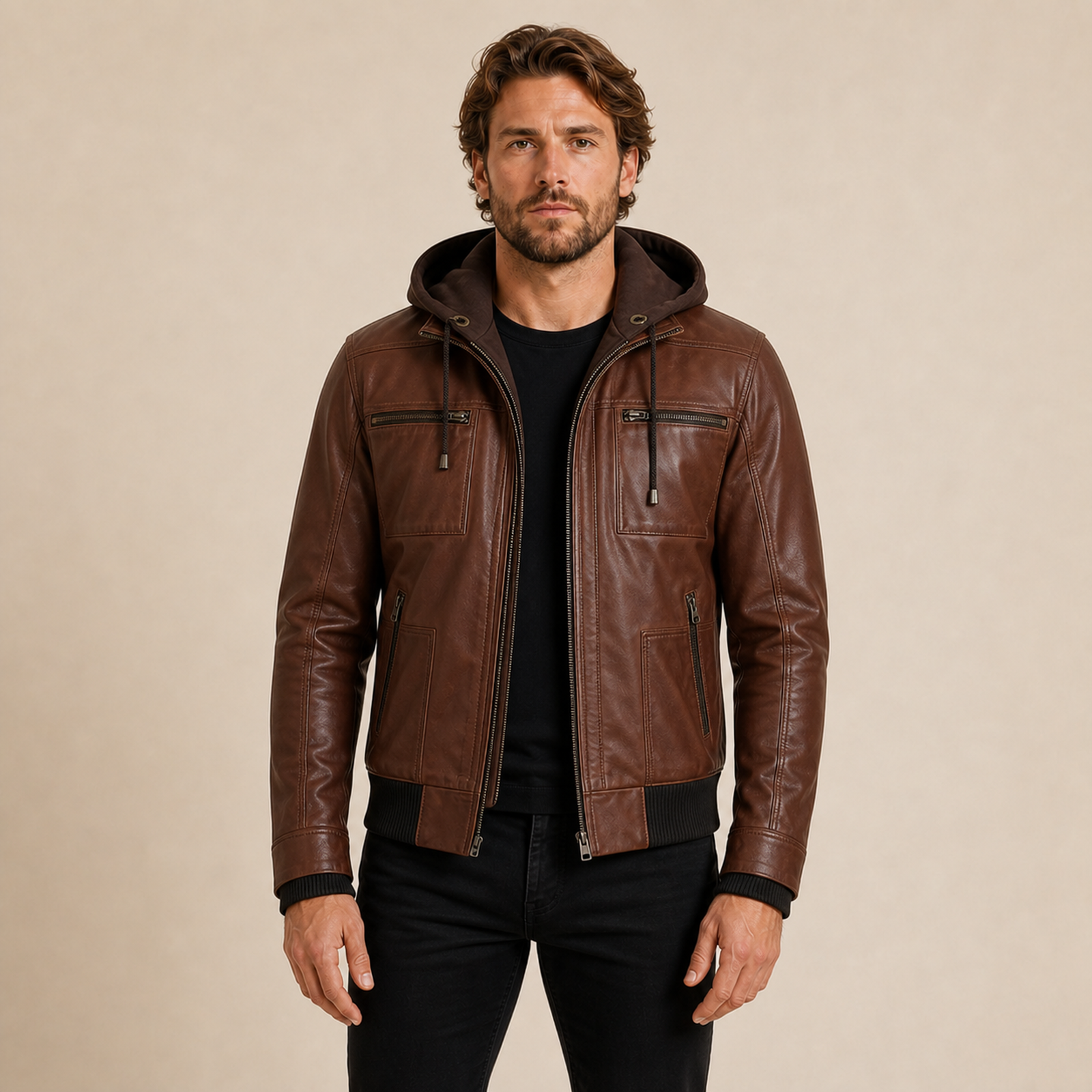 Man wearing a MOTOGRIP GEAR cognac wax removable-hood lambskin bomber jacket, front view.