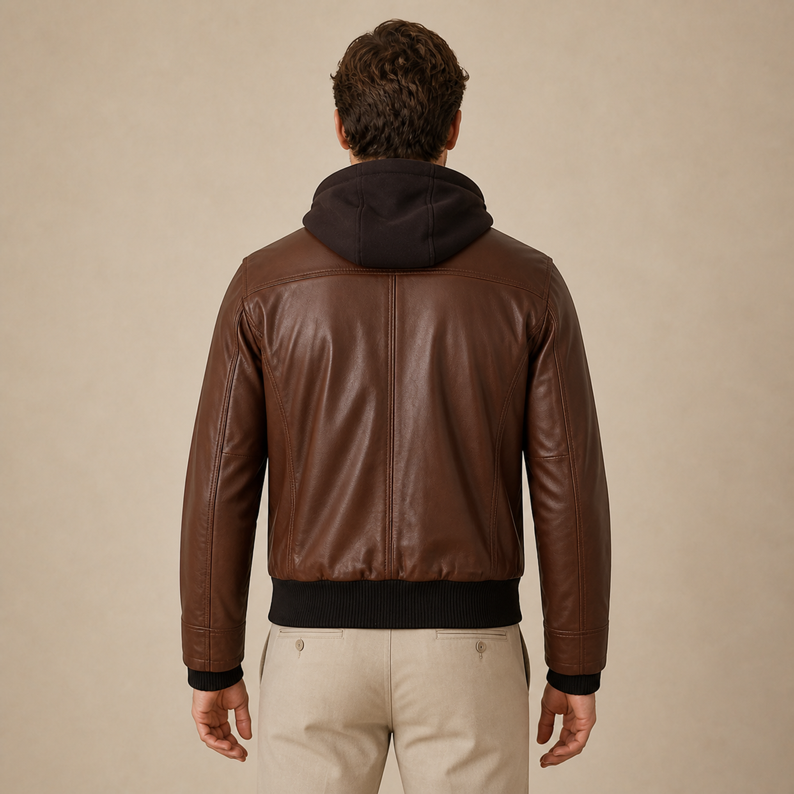Men's Cognac Wax Removable-Hood Lambskin Leather Bomber Jacket image 2