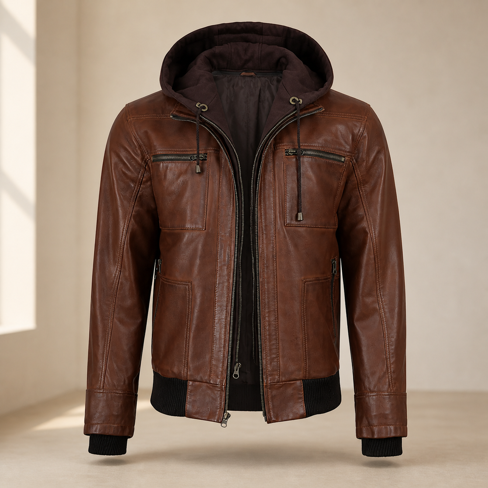 Men's Cognac Wax Removable-Hood Lambskin Leather Bomber Jacket image 3