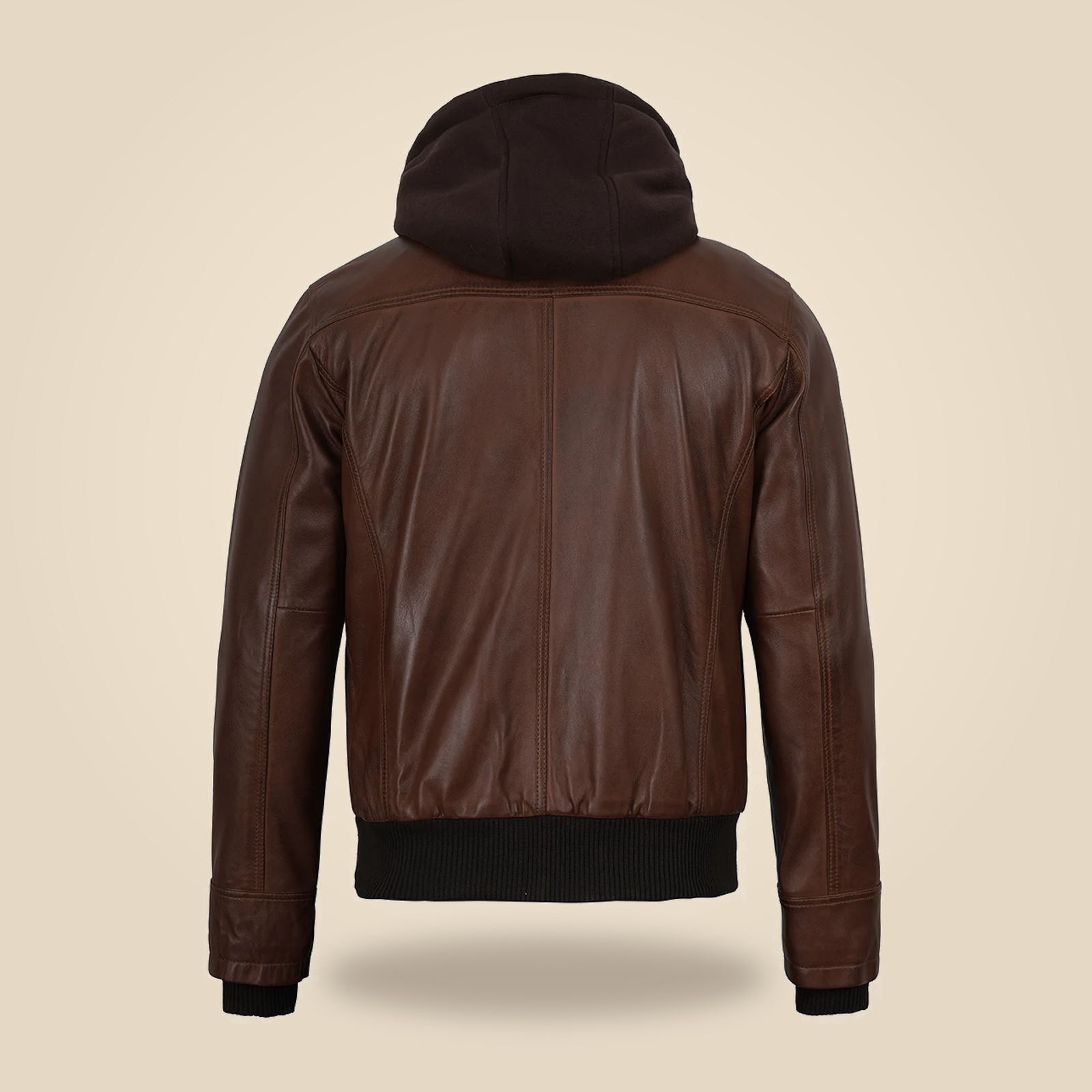 Men's Cognac Wax Removable-Hood Lambskin Leather Bomber Jacket image 4