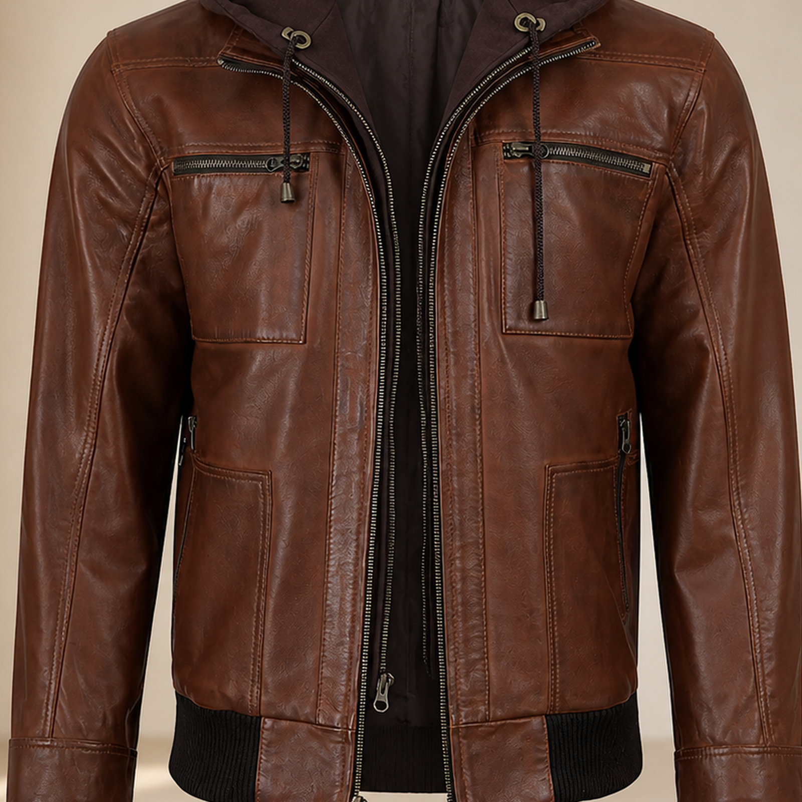 Men's Cognac Wax Removable-Hood Lambskin Leather Bomber Jacket image 5