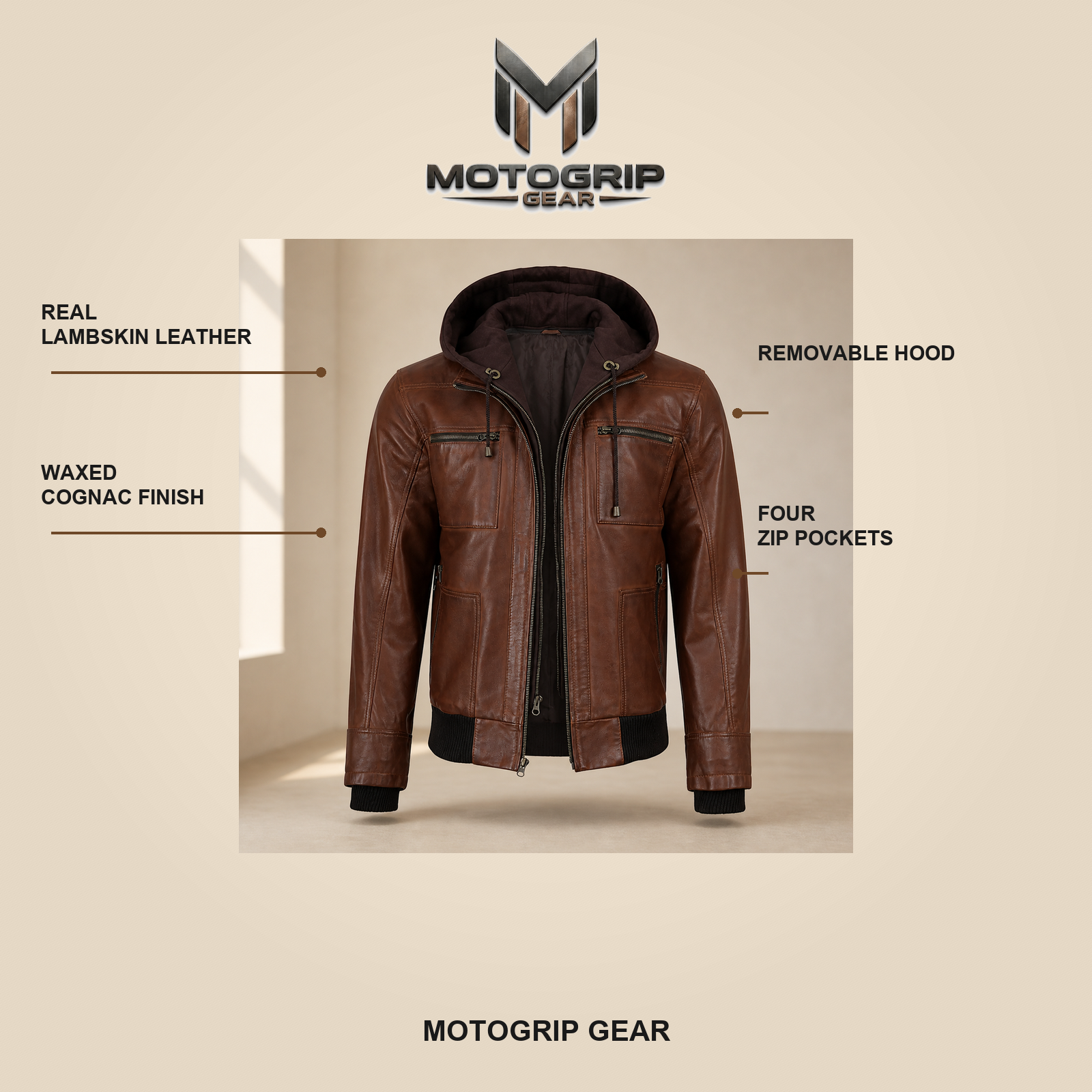 Men's Cognac Wax Removable-Hood Lambskin Leather Bomber Jacket image 6