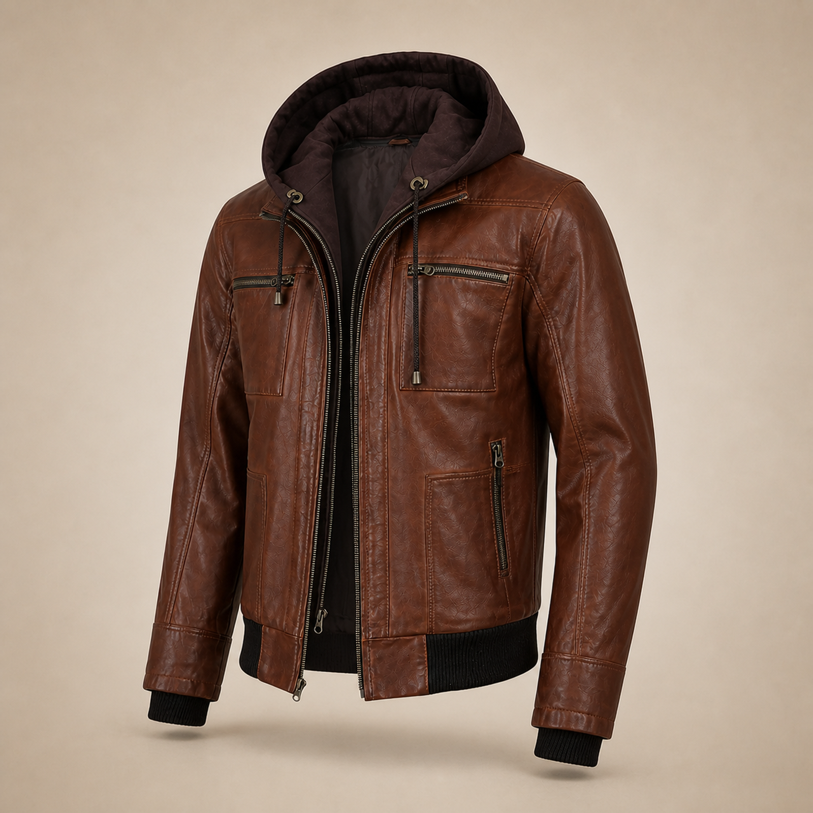Men's Cognac Wax Removable-Hood Lambskin Leather Bomber Jacket image 7