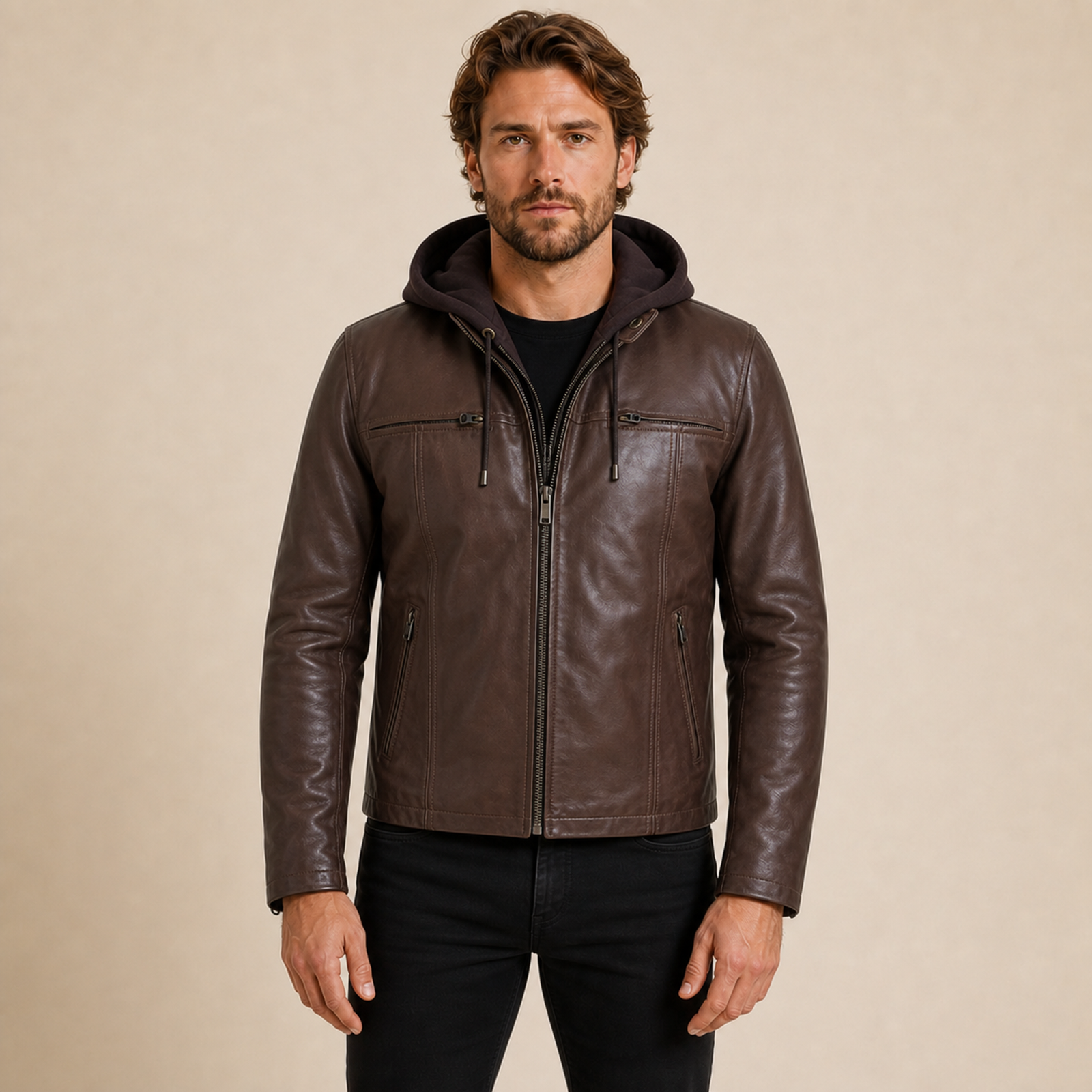 MOTOGRIP GEAR men's dark brown hand-waxed lambskin hooded jacket model front view.