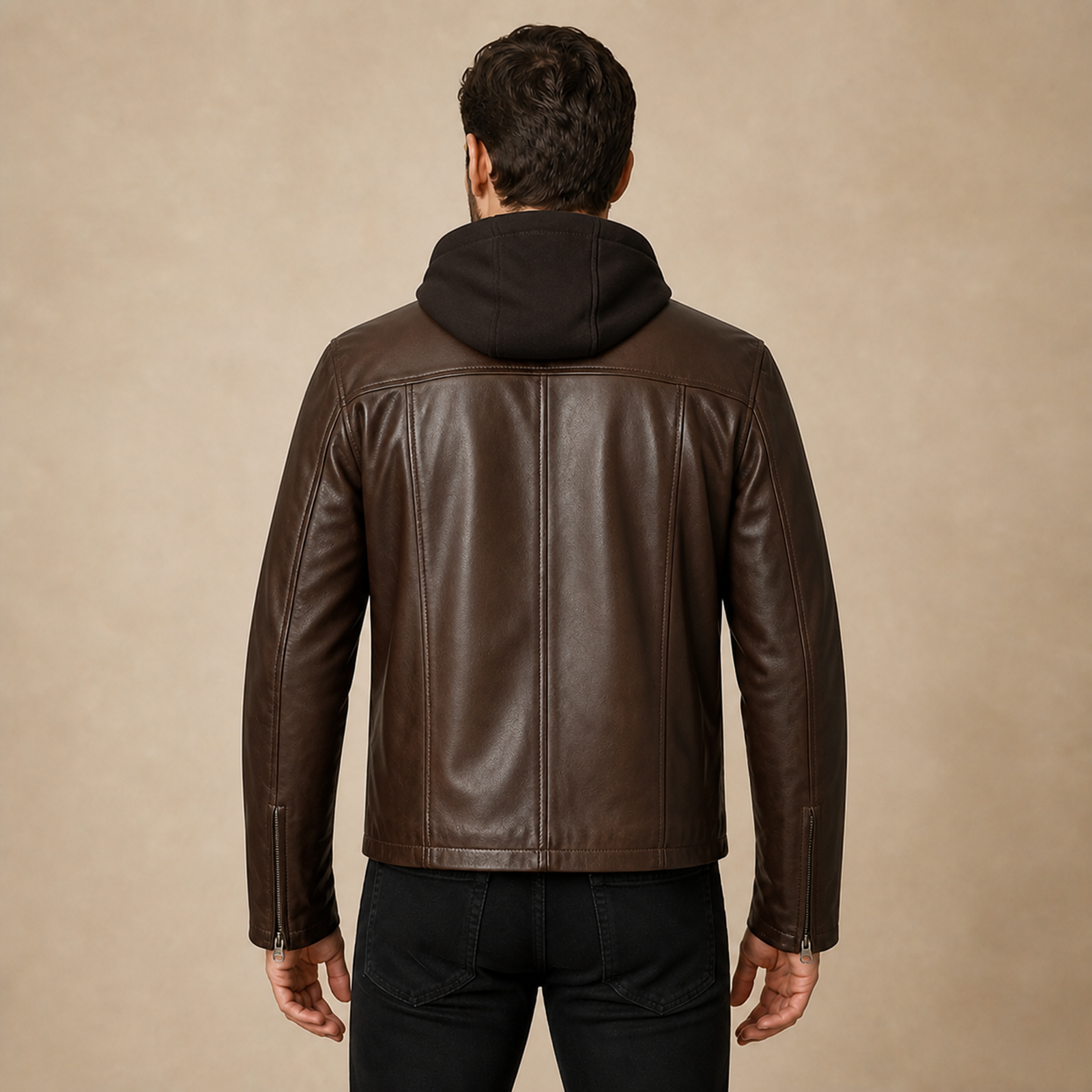 Men's Dark Brown Hand-Waxed Lambskin Hooded Leather Jacket image 2