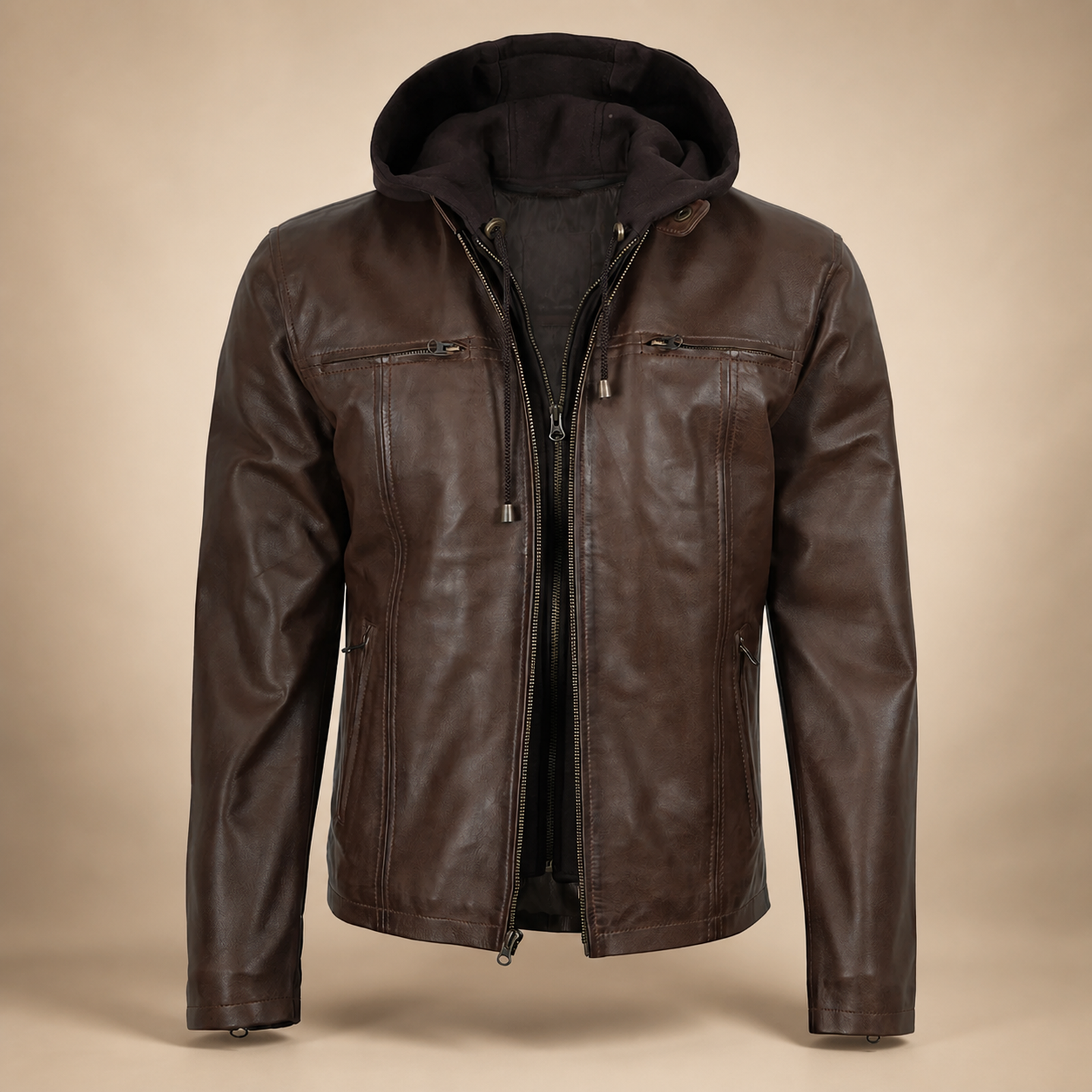 Men's Dark Brown Hand-Waxed Lambskin Hooded Leather Jacket image 3