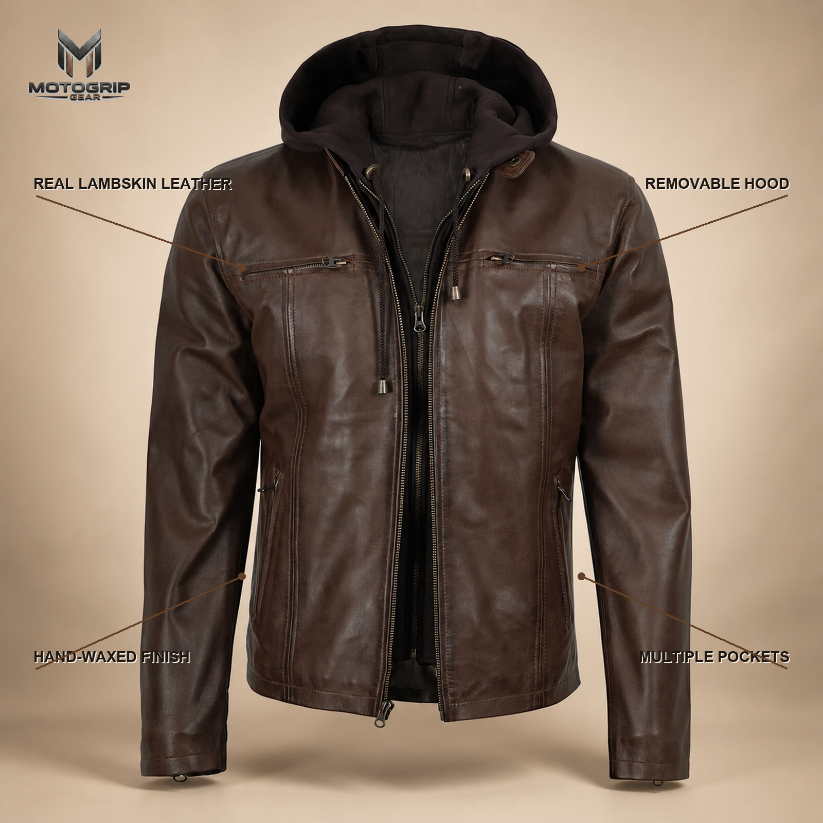 Men's Dark Brown Hand-Waxed Lambskin Hooded Leather Jacket image 6