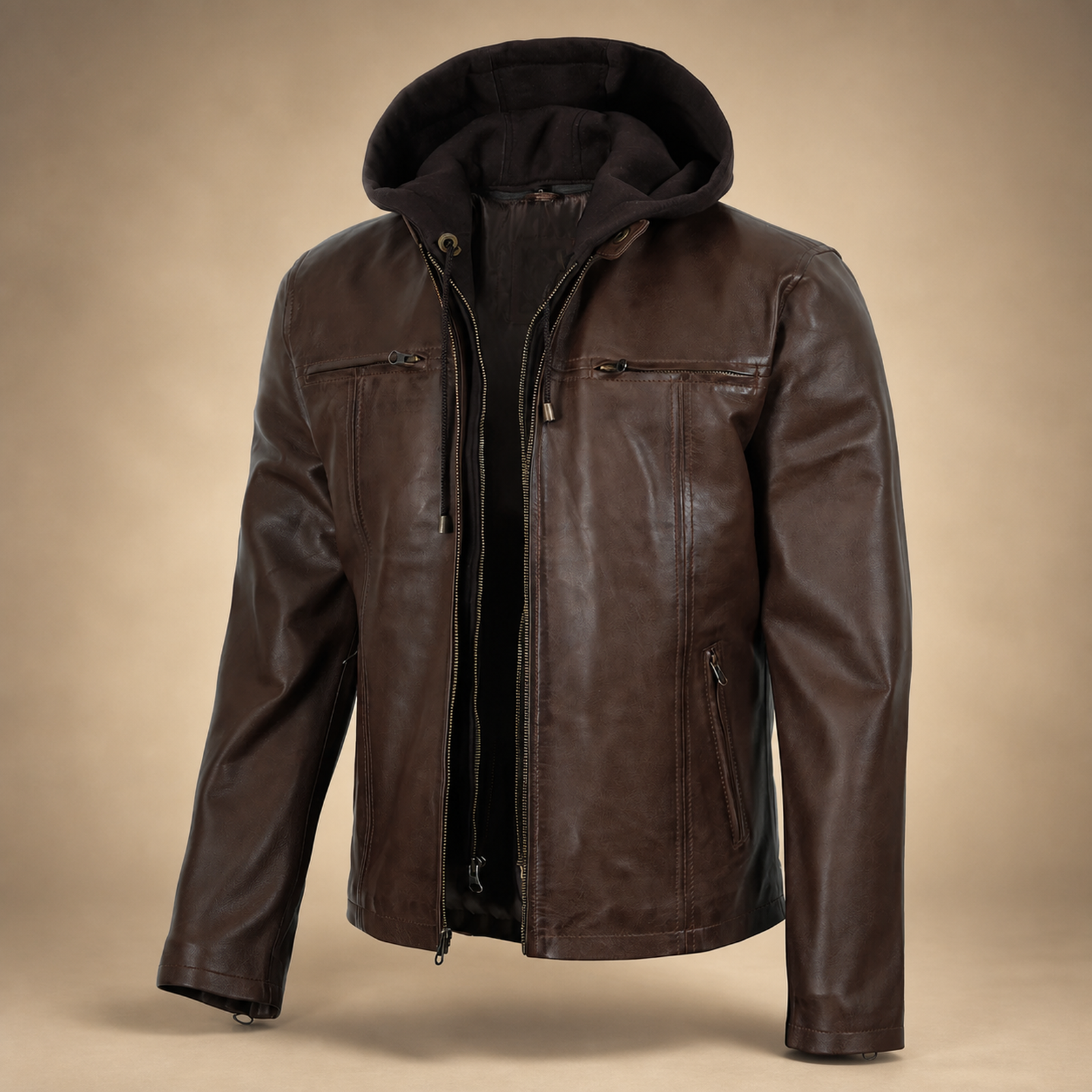 Men's Dark Brown Hand-Waxed Lambskin Hooded Leather Jacket image 7