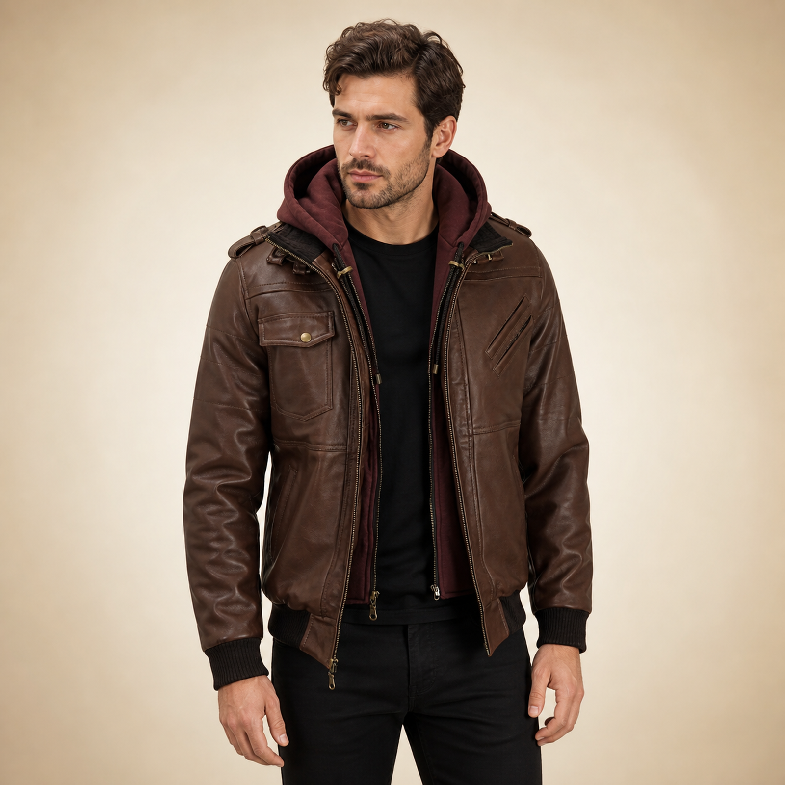 MOTOGRIP GEAR men's dark brown lambskin bomber with removable burgundy hood model front view.