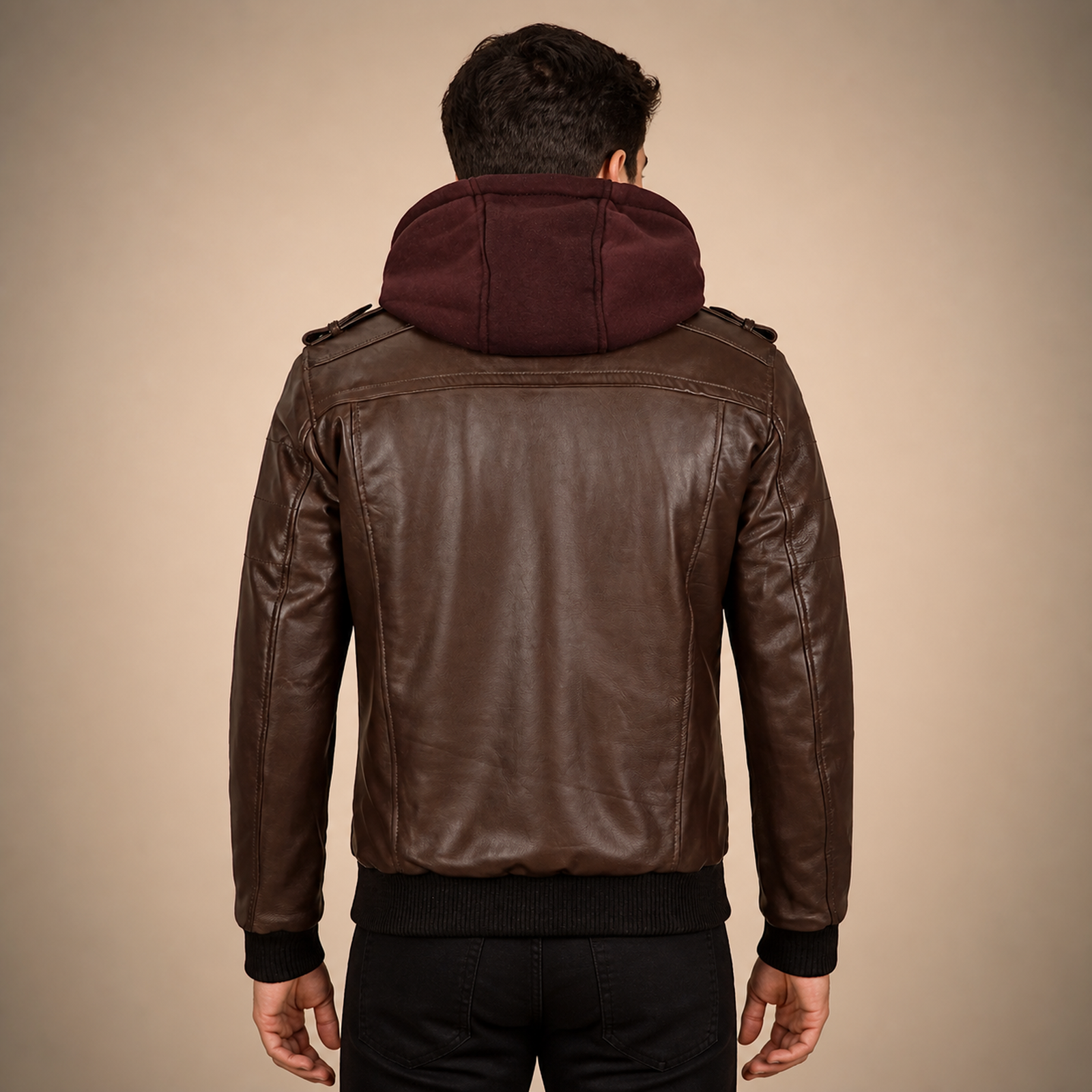 Men's Dark Brown Lambskin Bomber Jacket With Removable Burgundy Hood image 2