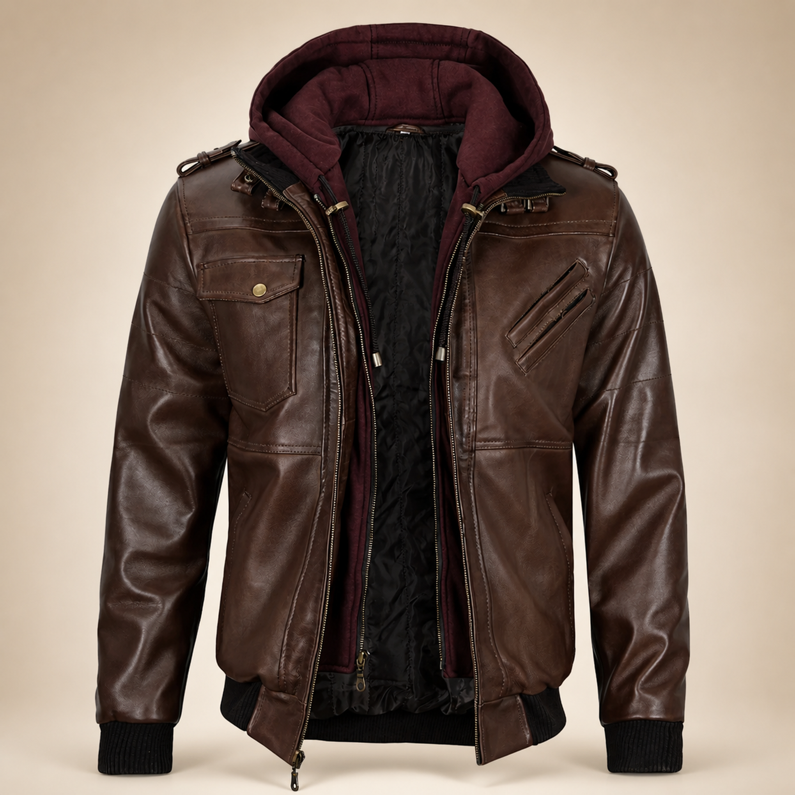 Men's Dark Brown Lambskin Bomber Jacket With Removable Burgundy Hood image 3
