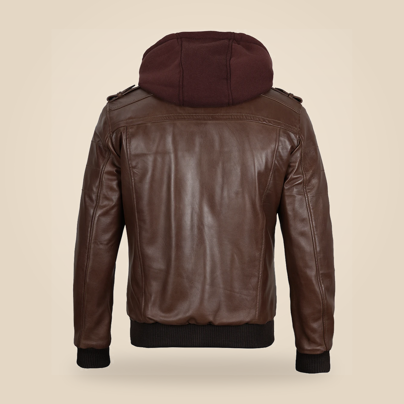 Men's Dark Brown Lambskin Bomber Jacket With Removable Burgundy Hood image 4