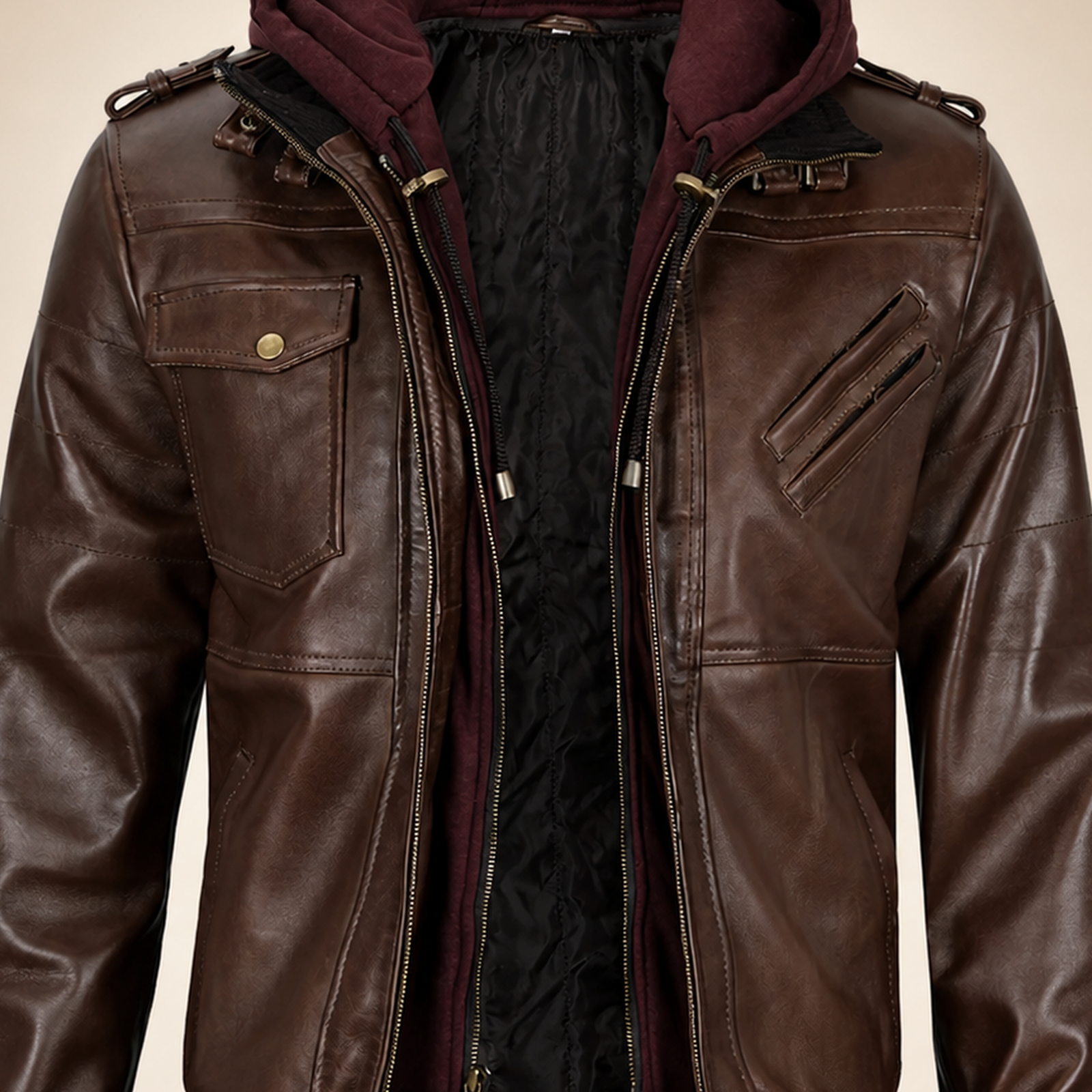 Men's Dark Brown Lambskin Bomber Jacket With Removable Burgundy Hood image 5