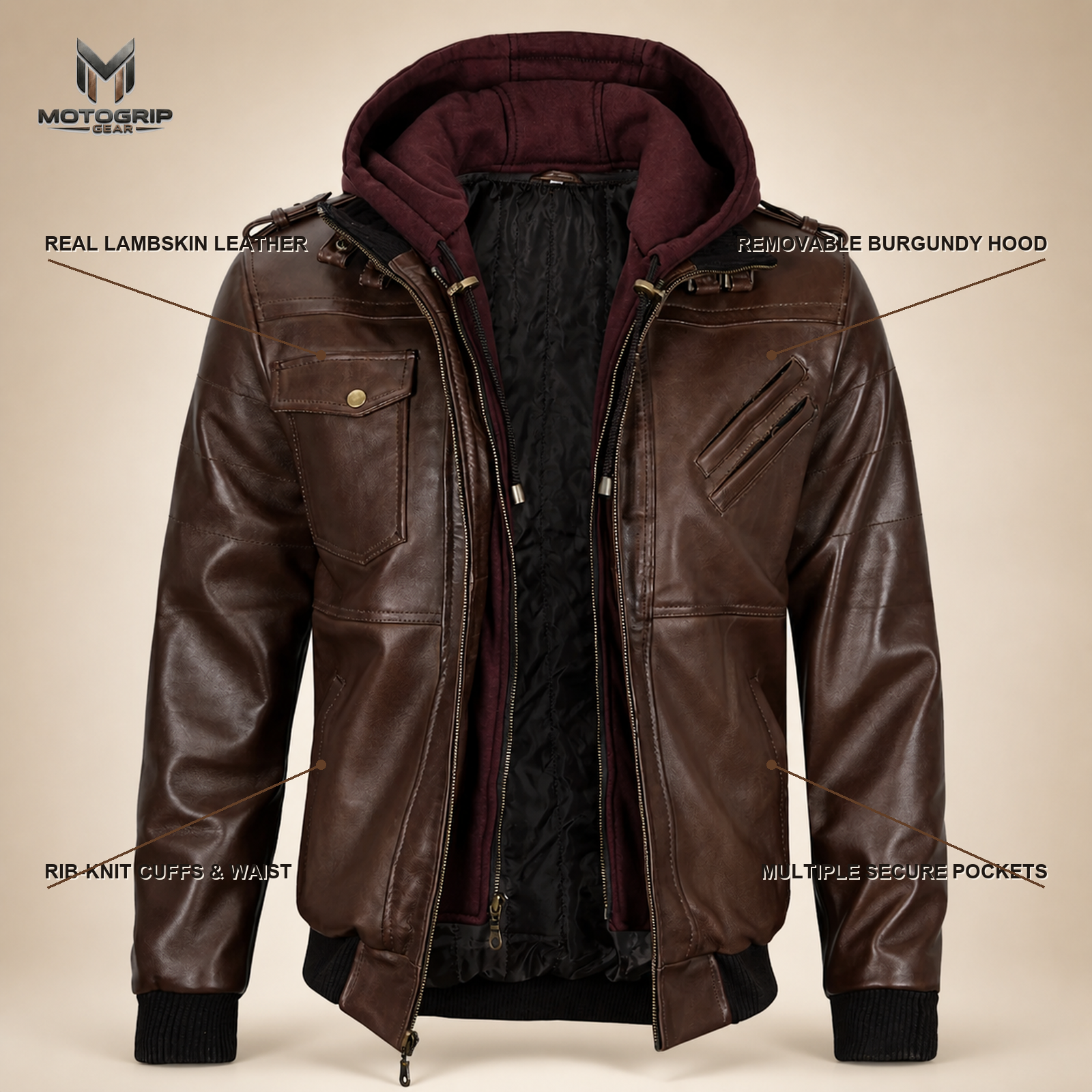 Men's Dark Brown Lambskin Bomber Jacket With Removable Burgundy Hood image 6