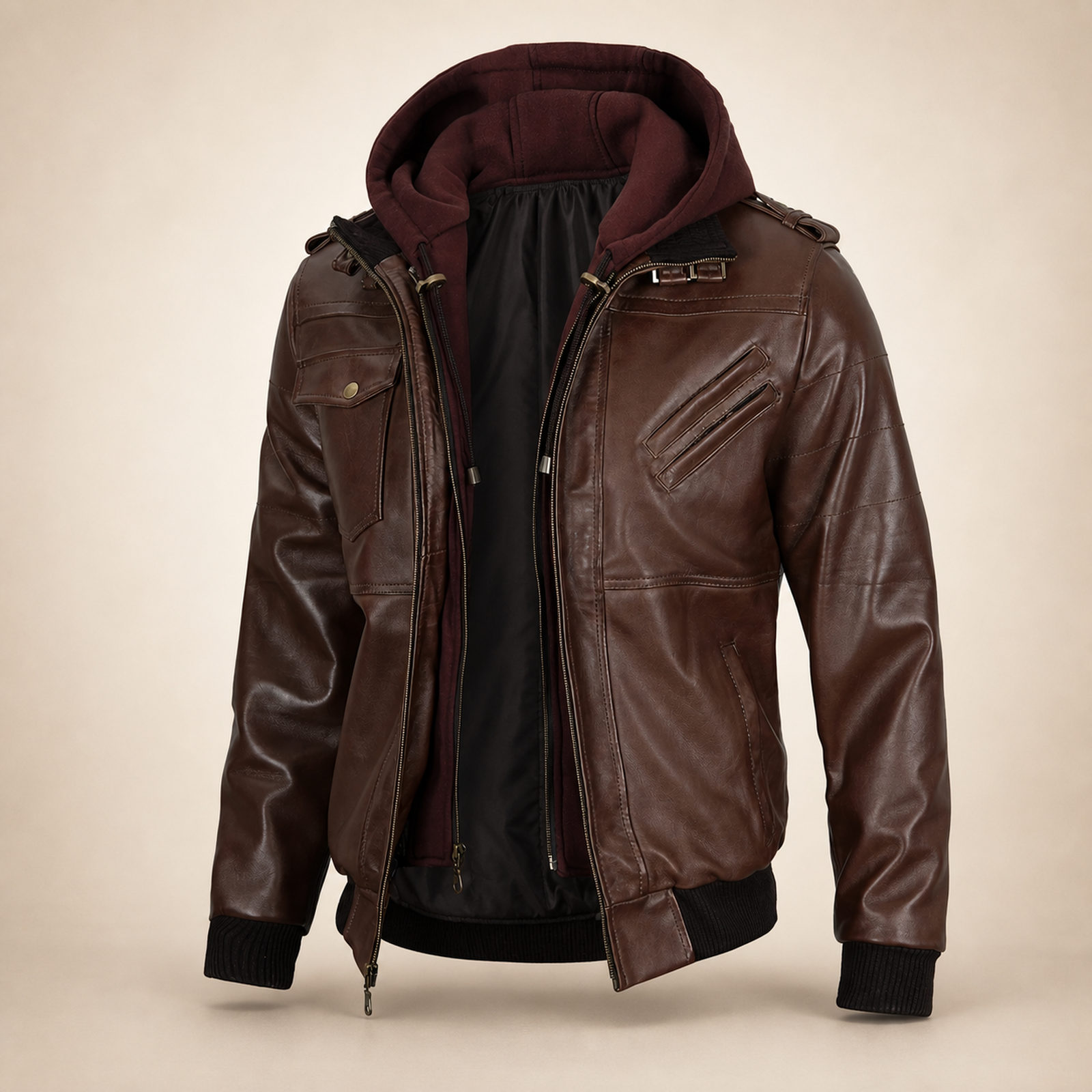 Men's Dark Brown Lambskin Bomber Jacket With Removable Burgundy Hood image 7