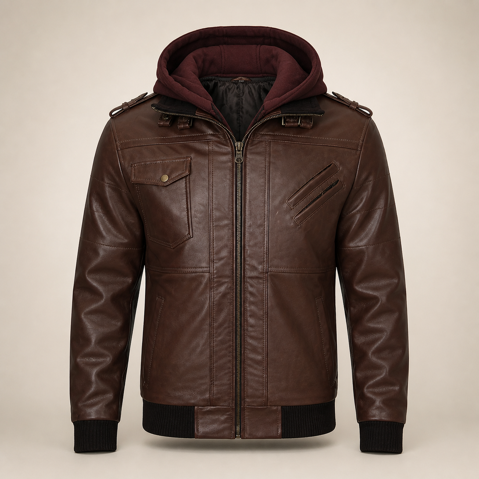 Men's Dark Brown Lambskin Bomber Jacket With Removable Burgundy Hood image 9